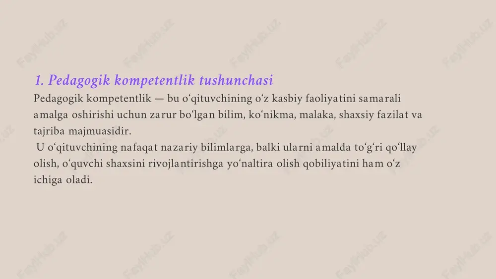 ini erkin bildirishiga imkon berish, xatolardan qo‘rqmaslik muhitini shakllantirish. hamkorlik, ishonch, ijobiy muloqot asosidagi psixologik muhitni yaratish. har bir o‘quvchining g‘oyasini qadrlash — bu ularning ijodiy faolligini oshiradi. c) innovatsion va noan’anaviy metodlardan foydalanish rol o‘yinlari, loyihaviy ishlar, dramatizatsiya, situatsion mashqlar kabi metodlar ijodiy tafakkurni rivojlantiradi. dars jarayonida san’at, musiqa, dizayn, texnologiya elementlarini qo‘shish — o‘quvchilarda tasavvur doirasini kengaytiradi. pedagogik kompetentlik va kreativlikni integratsiyalash bo‘yicha umumiy tavsiyalar har bir darsni ijodiy loyihalash: maqsad, metod, baholashni o‘ylab tanlash. kreativ metodlar asosida kompetensiyalarni shakllantirish (masalan, loyiha asosida o‘qitish, steam yondashuvi). o‘qituvchilar o‘rtasida tajriba almashish va kreativ g‘oyalar tanlovlarini yo‘lga qo‘yish. o‘quvchilarning o‘zini namoyon qilish imkoniyatlarini kengaytirish — bu o‘qituvchining ham kasbiy, ham ijodiy o‘sishini ta’minlaydi. kreativ pedagogik faoliyat tushunchasi kreativ pedagogik faoliyat — bu o‘qituvchining ta’lim-tarbiya jarayonini yangicha yondashuv, original fikr va innovatsion metodlar asosida tashkil etish faoliyatidir. bunday o‘qituvchi nafaqat mavjud bilimlarni yetkazadi, balki o‘quvchilarda mustaqil, tanqidiy va ijodiy fikrlashni shakllantiradi. …