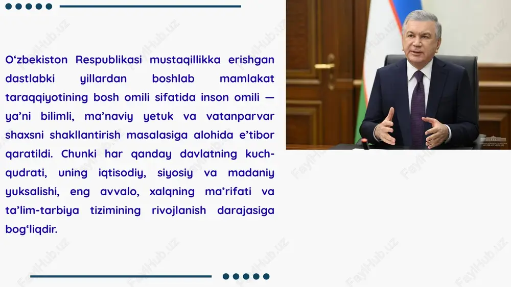 ntirishga qaratilgan islohotlar amalga oshirilmoqda. u “harakatlar strategiyasi” (2017–2021) hamda “yangi o‘zbekiston strategiyasi” (2022–2026) hujjatlarida bu yo‘nalishni davlat siyosatining markaziga qo‘ydi. “biz barcha islohotlarimizni, eng avvalo, inson manfaatlarini ta’minlash, uning bilim va salohiyatini ro‘yobga chiqarishga qaratamiz. chunki inson kapitaliga kiritilgan har bir sarmoya – kelajak uchun eng katta boylikdir.” sh.m. mirziyoyev sh.m. mirziyoyev asarlarida inson kapitalini rivojlantirish, avvalo, sifatli ta’lim tizimi bilan uzviy bog‘langan holda talqin etiladi. u ta’limni “jamiyatni o‘zgartiruvchi eng kuchli vosita” deb ataydi. so‘nggi yillarda quyidagi yo‘nalishlarda amaliy natijalarga erishildi: maktabgacha ta’lim qamrovi 2016-yildagi 27 foizdan 2025-yilda 70 foizdan oshdi; umumta’lim tizimida 11 yillik ta’lim qayta tiklandi, yangi fanlar, steam yo‘nalishlari joriy qilindi; oliy ta’lim muassasalari soni ikki barobardan ortdi, xorijiy universitetlar filiallari ochildi; “ustoz” va “yangi o‘zbekiston yoshlari” dasturlari orqali o‘qituvchi va talabalarni qo‘llab-quvvatlash kuchaytirildi. ta’lim tizimi – inson kapitalini shakllantirishning tayanch omili yoshlar siyosati va inson kapitalining yangilanishi prezident asarlarida yoshlar inson kapitalining eng faol …