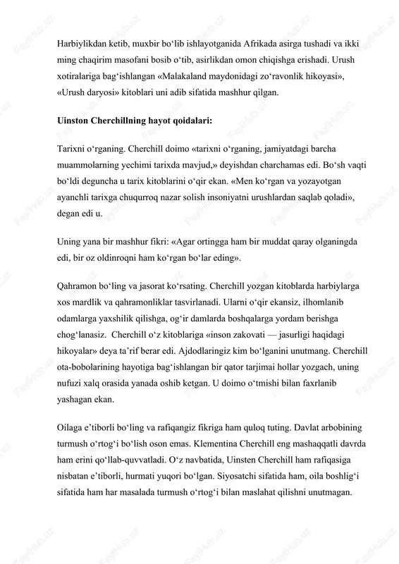an izohlanadi. o‘zingizga ishonsangiz ham, tavoze (kamtarinlik) bilan harakat qiling. 1953-yilda cherchillga nobel mukofoti berilganida u mukofotni turmush o‘rtog‘i bilan birgalikda qabul qilib olgan. «umid qilamanki, bu mukofotni menga berib xato qilmadingiz. o‘zimni bunga u qadar munosib ko‘rmasam ham, boshqa nomzod yo‘qligi bois, uni olishga majburman», degan edi u minnatdorchilik nutqida. (tomas mayerning «sherlar o‘kirganda» kitobidan olindi) uinston cherchillning mashhur fikrlari: tarixni g‘oliblar yozadi. ***kuch yoki aql emas, sa’y-harakatda qat’iy bo‘lish inson salohiyatini namoyon qiladi. ***an’anasiz san’atning cho‘ponsiz qo‘ylar podasidan, ilg‘or g‘oyalardan mahrum san’atning o‘lik tanadan farqi yo‘q. ***xulq-atvor katta masalalarni hal qiluvchi kichkina omil. ***o‘zgarish yuksalish degani. takomillashish uchun esa tez-tez o‘zgarish kerak. ***agar o‘zingizni do‘zaxda deb o‘ylasangiz, u yerda qolib ketmaslik uchun, yurishda davom eting. ***o‘rnidan turish va so‘zlash jasorat, shu bilan birga o‘tirib, tinglash ham jasoratdir. ***pessimist har imkoniyatda mashaqqat ko‘radi, optimist har mashaqqatda imkoniyat ko‘radi. ***dushmanlaring bormi? bu yaxshi. bu hayotda nima uchundir kurashayotganingni anglatadi. ***yashash …