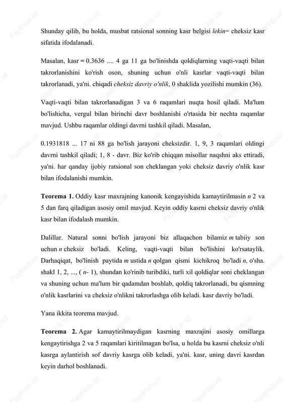 eyin darhol boshlanadi. teorema 3. agar maxrajning kengayishi 2 (yoki 5) omillarni yoki ikkalasini o'z ichiga olsa, unda cheksiz davriy kasr aralashtiriladi, ya'ni. vergul bilan davr boshi o'rtasida bir nechta raqamlar bo'ladi (davrgacha), ya'ni 2 va 5 omillarning ko'rsatkichlari kattaroq. o'quvchi 2 va 3-teoremalarni mustaqil ravishda isbotlashga taklif qilinadi. cheksiz davriylikdan o'tish yo'llari o'nlik kasrlarni oddiy kasrlarga davriy kasr berilgan lekin= 0, (4), ya'ni. 0.4444 .... ko'paytiring lekin 10 ga kelib, biz olamiz 10lekin= 4.444 ... 4 ... þ 10 lekin = 4 + 0,444…. o'sha. 10 lekin = 4 + lekin uchun tenglama olingan lekin, buni hal qilib, quyidagilarni olamiz: 9 lekin= 4 þ lekin = . e'tibor bering, 4 ham hosil bo'lgan kasrning numeratori, ham 0, (4) qismning davri. qoida sof davriy kasrning oddiy qismiga aylantirish quyidagicha shakllantiriladi: kasrning numeratori davrga teng, maxraj esa kasr davri ichida qancha raqam bo'lsa, shuncha to'qqizdan iborat. keling, ushbu qoidani davri iborat …