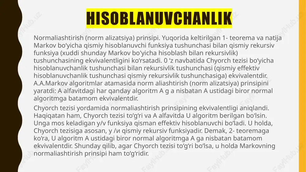 tli x argumenti uchun f(x ,y) = 0 bo'ladigan u argumentlaming eng kichik qiymatlisini topish kerak bo‘lsin. masalaning yechimi x ga bog‘liq bo'lgani uchun / (dg,_u) = 0 bo'ladigan v ning eng kichik qiymati ham x ning funksiyasi bo‘ladi, ya’ni (4) ifoda quyidagicha o‘qiladi: « u shunday eng kichikki, f( x ,y ) = 0 ». xuddi shu tarzda ko‘p argumentli agar /(x , ,x 2 ,...,x n) funksiyani boshlang'ich funksiyalardan superpozitsiya, prim itiv rekursiya sxemasi va minimallash operatori ( /i -operatori) amallarini chekli son marta qo ‘hash natijasida hosil etish mumkin b o ‘isa, i holda / ( x p x,,...,xn) qismiy rekursiv (rekursiv) funksiya deb ataladi e`tiboringiz uchun rahmat!!! /docprops/thumbnail.jpeg