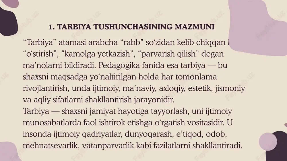 obiy xulq-atvor, odob, vijdon, e’tiqod va ma’naviyatni shakllantirish jarayonidir. maqsadi: insonni jamiyatda to‘g‘ri yashash, odob saqlash, halollik, vatanparvarlik, insonparvarlik kabi fazilatlarni egallashga o‘rgatish. vositalari: suhbatlar, namunali shaxslar faoliyatini o‘rganish, jamoaviy ishlar, axloqiy mavzulardagi tadbirlar. jismoniy tarbiya jismoniy tarbiya — bu sog‘lom, chiniqqan, mehnatga layoqatli insonni shakllantirishga qaratilgan jarayon. maqsadi: sog‘lom turmush tarzini targ‘ib qilish, jismoniy faollikni oshirish. vositalari: sport mashg‘ulotlari, gimnastika, harbiy tayyorgarlik, jismoniy o‘yinlar. estetik tarbiya estetik tarbiya — bu go‘zallikni his etish, san’atni qadrlash va hayotda go‘zalni ajrata bilish qobiliyatini shakllantirishdir. maqsadi: shaxsda badiiy did, go‘zallikka intilish, san’at asarlaridan zavqlanish qobiliyatini rivojlantirish. vositalari: musiqa, adabiyot, teatr, tasviriy san’at, tabiat go‘zalligidan bahramand bo‘lish. mehnat tarbiyasi mehnat tarbiyasi — bu insonda mehnatsevarlik, mas’uliyat, halollik va kasbiy madaniyatni shakllantirish jarayonidir. maqsadi: o‘quvchilarda mehnatni qadrlash, jamoa bilan ishlash, kasb tanlash madaniyatini shakllantirish. vositalari: amaliy mashg‘ulotlar, ishlab chiqarish amaliyoti, oilaviy mehnat, kasb-hunar o‘rganish. ekologik tarbiya ekologik tarbiya — tabiatni asrash, ekologik madaniyatni shakllantirish …