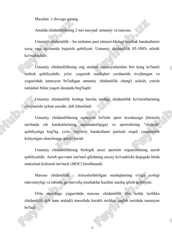 iya manbalari mavjudligidan, · turli xil tana tizimlarining (yurak-qon tomir, markaziy asab tizimi, nerv-mushak va boshqalar) funktsional imkoniyatlari darajasidan. · ushbu tizimlarning faollashuv tezligi va ishidagi izchillik darajasidan, · fiziologik va aqliy funktsiyalarning barqarorligidan tananing ichki muhitidagi noqulay siljishlargacha, · tananing energiya va funktsional imkoniyatlaridan foydalanish samaradorligidan, · mushak-skelet tizimining tayyorligidan, · texnik va taktik mahoratning mukammalligidan, · shaxsiy va psixologik xususiyatlardan. chidamlilik namoyon bo'lishining yosh xususiyatlari organizmning funktsional imkoniyatlarining oshishi, chidamlilikni cheklash, balog'at yoshidan oldingi davrlarda ayniqsa sezilarli darajada sodir bo'ladi. nisbatan bmd ning eng yuqori qiymatlari va kislorod almashinuvi faolligi ko'rsatkichlari o'smirlik oxirida allaqachon aniqlanadi. binobarin, bu yoshda sezilarli aerobik chidamlilikning namoyon bo'lishi uchun zarur shartlarning bir qismi pishib etiladi. bmd ning eng yuqori qiymatlari, kislorod qarzining cheklovchi parametrlari va har xil turdagi chidamlilikni aniqlaydigan bir qator funktsional imkoniyatlarning boshqa ko'rsatkichlari etuk yoshdagi odamlarda kuzatiladi. 40 yildan keyin chidamlilikning yoshga bog'liq regressiyasi asta-sekin sezilarli bo'ladi. tananing ayrim organlari …
