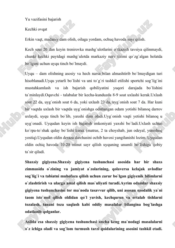 epidermis qavatining hujayralari uzliksiz po`st tashlab yangilanib turadi. har sutkada teri yuzasida 10-15 gramm epidermis hujayralarining chiqindilari hosil bo`ladi.agar odam muntazam ravishda yuvinib turmasa, terisining ustki qavatidan ajralgan po`st chiqindilari ter va yog` bezlarining suyuqligi bilan qo`shilib teriga yopishib qoladi.terining ustki qismi chiqindi moddalar bilan qoplanib, ter va yog` bezlarining suyuqlik chiqaradigan kanalchalarini yopib qo`yadi.buning oqibatida terining nafas, ayirish, tana harorati doimiyligini ta`minlash funksiyalari buziladi. bundan tashqari teri ustini qoplagan chiqindi moddalar, ya`ni kirlanish kasal qo`zg`atuvchi mikroblar yashashi va ko`payishi uchun qulay sharoit yaratadi. ma`lumki, kirlangan teri qichiydi va odam qashishi tufayli teri tindalanadi, tilinadi. bu jarohatlarga tushgan mikroblar yiringli yara hosil qiladi. shuningdek, terini qashigan paytda undagi mikroblar tirnoq ostiga kirib qoladi va qo`lni sovunlab yuvilmasa, ovqat iste`mol qilganda ular hazm a`zolariga kirib, me`da-ichak kasalliklarining yuzaga kelishiga sabab bo`ladi. yuqumli gepatit “a”, ichburug`, ich terlama kabi kasalliklarining asosiy sababi oddiygina ozodalikka rioya qilmaslik, ya`ni idish-tovoqlarni toza yuvmaslik, qora pashshalarga …