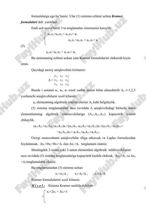 teskari yuli deb ataladi. m i s o l : 2x1-3x2+4x3=20 3x1+4x2-2x3 = -11 4x1+2x2+3x3=9 e ch i sh : ikkinchi va uchinchi tenglamalardan x1 noma'lumni yukotamiz: 2 x1-3x2 + 4x3 = 20 -17x2+16x3 = 82 8x2 - 5x3 = -31 endi uchinchi tenglamadan x2 noma'lumni yukotamiz: 2x1 - 3x2 + 4x3=20 -17x2+16x3 = 82 43x3= 129 uchinchi tenglamadan x3= 3, so’ngra ikkinchi tenglamadan x2 =-2 va nixoyat birinchi tenglamadan x1 =1 ekanligini topamiz. umumiy, n=m(4 bo’lgan holda xam kramer formulalari va gauss usuli yukorida kurib utilgan singari bo’ladi. kramer va gauss usullarining kulayliklari va kamchiliklarini kursatamiz. 1) kramer formulalari ixtiyoriy chiziqli sistema uchun bir xil ko’rinishga ega. 2) kramer formulalarida echimlarning ixtiyoriy biri topilishi mumkin. 3) kramer formulasi ikki va uch noma'lumli sistema uchun kulay. 4) turt va undan ortik noma'lumli sistema uchun kramer formulalaridan foydalanish murakkab. 5) gauss usuli aniqlovchilarni xisoblashni talab etmasdan, fakat koeffitsientlar va ozod xadlar …