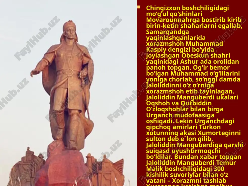 mo‘lton tomon yo‘l olib qubacha mulklaridan uchcha, sadusan, xatisor, deval va damrillarni qamal qiladi, qo‘shini uchun tuyalar zarurligi tufayli gujarot viloyati markazi nahrvalga xosxon boshchiligida qo‘shin jo‘natadi. shamsuddin eltutmish jaloliddin manguberdi ustiga katta qo‘shin (30 ming otliq, 100 ming piyoda, 300 ta fil) tortadi. jaloliddin manguberdi mardonavorlik bilan raqibiga qarshi chiqadi. jaloliddin manguberdining o‘zbek toy jahon pahlavon qo‘mondonligi ostidagi ilg‘ori eltutmish ilg‘ori bilan to‘qnashib raqibidan ustin keladi. eltutmish jaloliddin manguberdi huzuriga elchisini yuborib sulh so‘raydi. jaloliddin manguberdi hindistonda o‘z nomidan kumush va mis tangalar zarb qiladi, unga tobe hind mulklarida uning nomi xutbaga qo‘shib o‘qilgan. jaloliddin manguberdiga qarshi xiyonat jaloliddin manguberdining lashkarboshisi yazidak pahlavon va sunqurjiq toysilar xiyonat qilib eltutmish tomoniga o‘tganlar. qiyin vaziyatdan qutulish uchun jaloliddin manguberdi harbiy kengash chaqirgan. amirlarning ko‘pchiligi iroq tomon yurish qilib, uni g‘iyosiddin pirshohdan tortib olishni taklif qiladi. iroqda siyosiy parokandalik hukm surardi. iroq tomon ketishga qaror qilinadi. jaloliddin manguberdi o‘zining hindistonda zabt etgan …