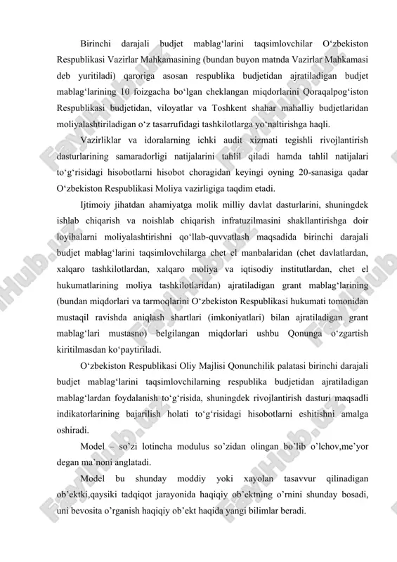 oni anglatadi. model bu shunday moddiy yoki xayolan tasavvur qilinadigan ob’ektki,qaysiki tadqiqot jarayonida haqiqiy ob’ektning o’rnini shunday bosadi, uni bevosita o’rganish haqiqiy ob’ekt haqida yangi bilimlar beradi. bir tomondan, modellar oson o’rganiladigan bo’lishi kerak, shuning uchun ular juda murakkab bo’lmasligi kerak. biroq, ikkinchi tomondan modellarni o’rganishdan olingan xulosalarni haqiqiy ob’ektlarga ham qo’llash lozim, demak, model o’rganilayotgan haqiqiy ob’ektning muhim tomonlarini aks ettirishi kerak. modellashtirish bosqichlari: 1. iqtisodiy jarayon har tomolama nazariy, sifat jihatdan tahlil qilinadi va uning parametrlari, ichki va tashqi information aloqalar, ishlab chiqarish resurslari, rejalashtirish davri kabi ko’rsatkichlar aniqlanadi. 2. bu bosqichda izlanayotgan noma’lum o’zgaruvchilar qaysi, qanday maqsadi ko’zda tutadi, natijada nimlarga olib keladi kabi savollar aniqlangan bo’lishi kerak. 3. modellashtirilayotgan jarayonning iqtisodiy-matematik modeli tenglamalari va tengsizliklari tizimi shaklida ifodalanadi. 4. tuzulgan iqtisodiy-matematik modelning miqdoriy yechimini aniqlaydigan usul tanlanadi. 5. masalani yechish uchun kerakli bo’lgan barcha iqtisodiy ma’lumotlar to’planadi. 6. olingan ma’lumotlar statistic tahlil qilinib, ehmda tanlangan usul …