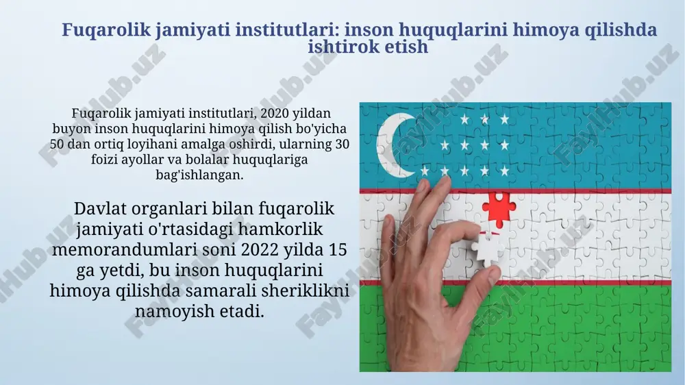hni ta’minlash bo‘yicha yangi mexanizmlar joriy etildi. huquqiy yordamga muhtoj shaxslarga bepul huquqiy yordam ko‘rsatish bo‘yicha 30% ga ko‘proq davlat dasturlari ishga tushirildi, bu esa kam ta’minlangan qatlamlar uchun adolatli sudlovga kirish imkoniyatlarini kengaytirdi. mustaqil ommaviy axborot vositalari: jamoatchilik nazorati va axborot erkinligi ijtimoiy tarmoqlardagi faol foydalanuvchilar sonining 70% ga o‘sishi, digital jamoatchilik nazoratining rivojlanishi va muhim ahamiyat kasb etishini ko‘rsatadi. axborot erkinligini ta’minlashda 50 dan ortiq yangi qonun va qarorlar qabul qilinib, ommaviy axborot vositalariga bosimni kamaytirishga qaratilgan. konstitutsiyaviy kafolatlar: inson huquqlarining asosi konstitutsiya, inson huquqlari va erkinliklarining buzilishi uchun javobgarlikni belgilaydigan, jinoiy, ma'muriy va fuqarolik javobgarligi kabi turli huquqiy mexanizmlarni ta'minlaydi. oʻzbekiston konstitutsiyasining 24-moddasi inson huquqlari va erkinliklarining kafolatlari sifatida, ularning himoya qilinishi va amalga oshirilishi mexanizmlarini aniq belgilab beradi. qonunchilik bazasi: inson huquqlari va erkinliklarini himoya qilish jinoyat kodeksi va ma’muriy javobgarlik to‘g‘risidagi kodeks kabi asosiy qonun hujjatlari inson huquqlari va erkinliklarini buzganlik uchun javobgarlikni belgilaydi va …