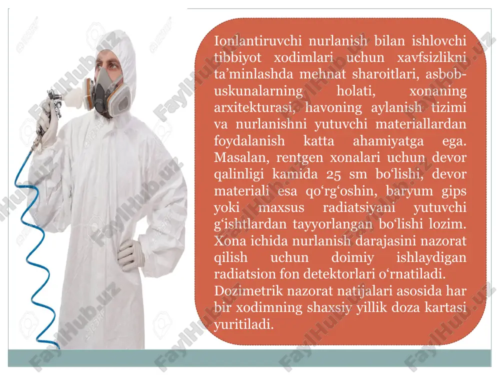 ri, filtratsiya tizimlari va avtomatik doza nazorati o‘rnatilgan. har bir patsiyent uchun nurlanish protokoli tuziladi, unda ishlatilgan qurilma turi, kuchlanish, ekspozitsiya va o‘lchangan doza qayd etiladi. agar bemorga takroriy tekshiruv talab etilsa, avvalgi nurlanish miqdori hisobga olinadi. rentgenologik tadqiqotlar paytida shifokorlar patsiyent tanasining faqat kerakli qismini nurlanish zonasiga kiritib, qolgan qismlarni qo‘rg‘oshinli himoya qalqonlari bilan yopadi. ayniqsa bolalar, yosh ayollar va homilador patsiyentlarga minimal doza berish qat’iy talab etiladi. bunday yondashuv “alara” prinsipi — ya’ni as low as reasonably achievable (“mümkin qadar eng past nurlanish”) tamoyiliga asoslanadi. dpmlarda har chorakda yoki yarim yilda bir marta radiatsion audit o‘tkaziladi. bu jarayonda barcha qurilmalarning nurlanish darajasi, himoya to‘siqlarining samaradorligi, xodimlarning shaxsiy dozimetr ko‘rsatkichlari, radiometrik tahlil natijalari tekshiriladi. audit yakunida muassasaning radiatsiya xavfsizligi sertifikati yangilanadi. ionlantiruvchi nurlanish manbalaridan foydalanish jarayonida sodir bo‘lishi mumkin bo‘lgan avariyalar uchun har bir dpmda favqulodda holatlar rejasi ishlab chiqilgan bo‘lishi kerak. bu rejada radioaktiv manba to‘kilganda yoki qurilma …