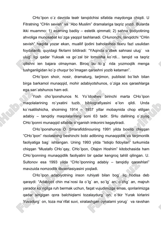 iradi: “yaqinda o`zbek sahnasi ulug` va ulug` ligi qadar yuksak va go`zal bir tomosha ko`rdi... tanqid va taqriz qilishni ien bajara olmayman. biroq bu to`g` rida yozmoqlik menga tushganligidan ko`p chuqur bo`lmagan qarashni yozib ketaman”. cho`lpon shoir, nosir, dramaturg, tarjimon, publisist bo`lish bilan birga barkamol munaqqid, mohir adabiyotshunos, o`ziga xos qarashlarga ega san`atshunos ham edi. yosh cho`lponshunos n. yo`ldoshev birinchi marta cho`lpon maqolalarining ro`yxatini tuzib, bibliografiyasini e`lon qildi. unda ko`rsatilishicha, shoirning 1914 – 1937 yillar mobaynida chop etilgan adabiy – tanqidiy maqolalarining soni 63 tadir. shu dalilning o`ziyoq cho`lponni munaqqid sifatida o`rganish imkonini kegaytiradi. cho`lponshunos o. sharafiddinouning 1991 yilda bosilib chiqqan “cho`lpon” risolasining beshinchi bobi adibning munaqqidlik va tarjimonlik faoliyatiga bag` ishlangan. uning 1993 yilda “istiqlo fidoyilari” turkumida chiqqan “mustafo cho`qay, cho`lpon, otajon hoshim” kitobchasida ham cho`lponning munaqqidlik faoliyatini bir qadar kengroq tahlil qilingan. u. sultonov esa 1993 yilda “cho`lponning adabiy – tanqidiy qarashlari” mavzuida nomzodlik dissertasiyasini yoqladi. cho`lpon adabiyotning …