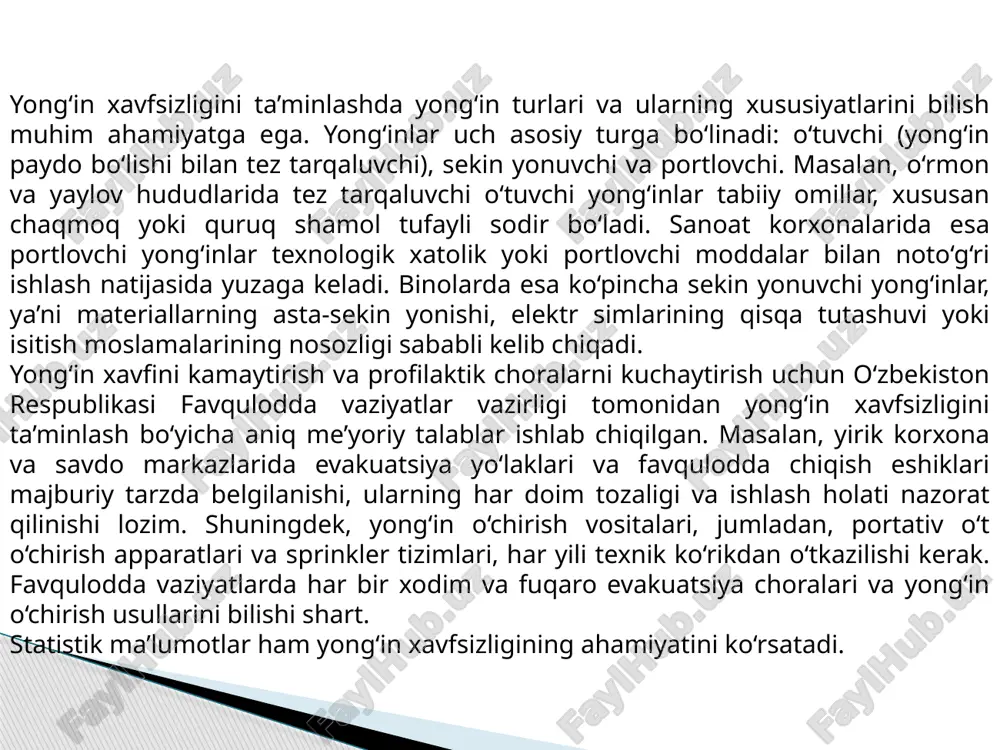 lan birga, yong‘in xavfsizligi nafaqat texnika va qonuniy jihatlarni o‘z ichiga oladi, balki shaxsiy va jamoaviy madaniyatni ham shakllantiradi. har bir shaxs yong‘in xavfsizligi qoidalarini bilishi, ularni kundalik hayotda qo‘llashi va atrofdagilarni ogohlantirishi kerak. bu esa jamiyatda xavfsizlik madaniyatini rivojlantirishga, insonlar hayoti va mol-mulkini saqlashga yordam beradi. shunday qilib, yong‘in xavfsizligi fani kundalik hayot va ishlab chiqarish jarayonlarida xavfsizlikni ta’minlashning ajralmas qismi hisoblanadi. fan orqali talaba yong‘inlarning kelib chiqish sabablari, ularning oldini olish choralari, xavfni baholash usullari, signalizatsiya va yong‘in o‘chirish tizimlari, shuningdek qonuniy-huquqiy me’yorlar bilan tanishadi va ularni amaliyotda qo‘llash bo‘yicha zarur ko‘nikmalarni egallaydi. shu tariqa, yong‘in xavfsizligi nafaqat shaxs, balki butun jamiyat xavfsizligini ta’minlashda muhim vosita bo‘ladi. yong‘in xavfsizligini ta’minlashda yong‘in turlarini, ularning kelib chiqish sabablarini va xavfni kamaytirish choralari muhim ahamiyatga ega. yong‘inlar uch asosiy turga bo‘linadi: tez tarqaluvchi (o‘tuvchi), sekin yonuvchi va portlovchi yong‘inlar. tez tarqaluvchi yong‘inlar, odatda, o‘rmon va yaylov hududlarida, quruq shamol va chaqmoq …