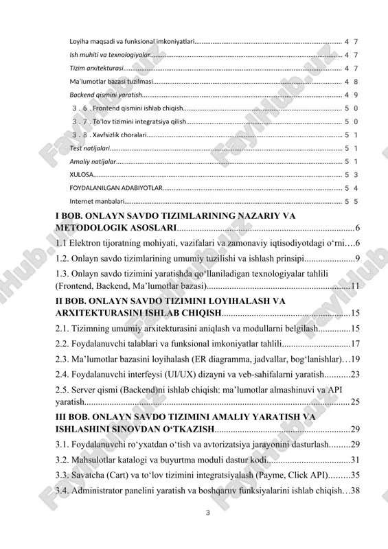 g ilmiy-metodik yondashuvlari ishlab chiqiladi. tizimni ishlab chiqishda modullik, xavfsizlik, ma’lumotlar bazasi arxitekturasi va foydalanuvchi tajribasi (ux/ui) kabi muhim omillar kompleks tarzda tahlil qilinadi. shu orqali axborot tizimlarini yaratish jarayonida qo‘llanilishi mumkin bo‘lgan metodologik asoslar shakllantiriladi. yaratilgan onlayn savdo tizimini real hayotda, ya’ni kichik va o‘rta biznes sub’yektlari, mahalliy internet-do‘konlar yoki xizmat ko‘rsatuvchi korxonalar faoliyatida tatbiq etish imkoniyatidadir. mazkur tizim yordamida mahsulotlarni internet orqali tez va xavfsiz tarzda sotish, xaridor bilan muloqot o‘rnatish, buyurtmalarni avtomatik tarzda qayta ishlash va onlayn to‘lovlarni amalga oshirish mumkin bo‘ladi. natijada korxona samaradorligi oshadi, xaridorlar soni kengayadi va savdo jarayonlari avtomatlashtiriladi. kurs ishining maqsadi zamonaviy axborot texnologiyalaridan foydalangan holda onlayn savdo tizimini yaratish, uni loyihalash, ishlab chiqish va amaliyotda qo‘llash imkoniyatlarini o‘rganishdan iborat. bugungi raqamli iqtisodiyot sharoitida internet orqali tovar va xizmatlar savdosini tashkil etish samaradorlikni oshirish, xaridorlar bilan qulay aloqa o‘rnatish va biznes jarayonlarini avtomatlashtirishda muhim ahamiyat kasb etadi. kurs ishining vazifalari — onlayn …