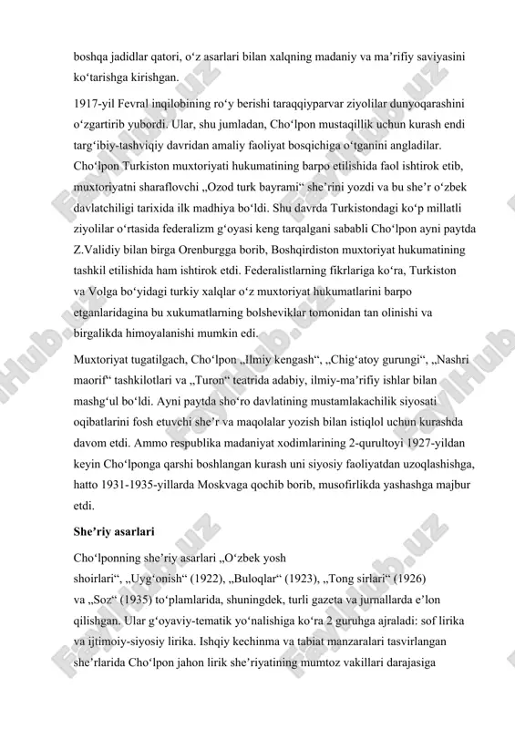 biat manzaralari tasvirlangan sheʼrlarida choʻlpon jahon lirik sheʼriyatining mumtoz vakillari darajasiga koʻtarilgan. sheʼrlari lirik qahramonning boy va goʻzal ruhiy olamini, tabiat manzarasini, tabiatda kechayotgan jarayonlarni katta mahorat bilan aks ettirgan. „goʻzal“, „sezgi“, „sirlardan“, „men shoirmi?“ singari sheʼrlari bilan barmoq vazniga asoslangan yangi oʻzbek sheʼriyatini yuksak taraqqiyot bosqichiga olib chiqdi. barmoq vazni choʻlpon va fitratning ijodiy izlanishlari bilan 20-yillarning boshlaridayoq yangi oʻzbek sheʼriyatining asosiy vazniga aylandi. tarixiy davr va tarixiy sharoit choʻlpondan muhabbat va tabiat lirikasidan koʻra shu davrdagi oʻzbek xalqining ijtimoi-ysiyosiy, iqtisodiy va madaniy ahvolini yaxshilashga qaratilgan asarlar yozishni taqozo etdi. vatan va millat manfaati bilan yashagan shoir davrning shu talabi bilan bolsheviklar olib borgan siyosatning mustamlakachilik mohiyatini fosh etishga, xalqni zulm va zoʻravonlikka qarshi hurriyat uchun kurashga daʼvat etishga qaratilgan sheʼrlar yozdi („buzilgan oʻlkaga“, „xalq“, „vijdon erki“, „kishan“ va boshqalar). choʻlpon bu sheʼrlari bilan adabiyotning kurash quroliga aylanishi mumkinligini isbotlab berdi. shoirning yurak qoni bilan yozilgan bu sheʼrlari vatandoshlarida …