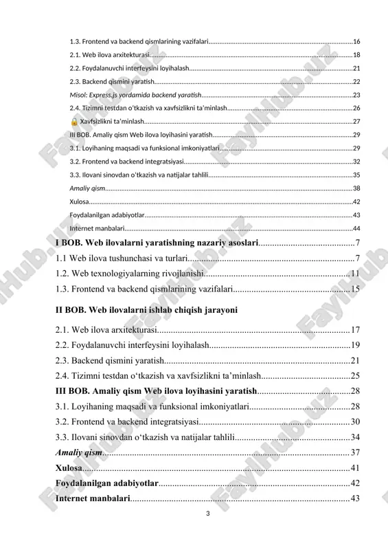 larda onlayn xizmatlar joriy etilmoqda, bu esa o‘z navbatida malakali web dasturchilarni tayyorlash, zamonaviy web texnologiyalarni o‘rganish va amaliy loyihalar ishlab chiqish zaruratini yanada oshiradi. global miqyosda har bir kompaniya yoki tashkilotning raqobatbardoshligi ko‘p jihatdan uning web ilovalari va onlayn tizimlarining sifatiga bog‘liq. web ilova foydalanuvchilar bilan to‘g‘ridan to‘g‘ri muloqot o‘rnatadigan, ularning ehtiyojiga javob beradigan va xizmatni tezkor taqdim etadigan asosiy vositadir. shu sababli, web ilovalarni yaratish jarayoni doimiy takomillashtirishni, yangi texnologiyalarni qo‘llashni va zamonaviy dasturlash yechimlarini o‘zlashtirishni talab qiladi. mavzuning ahamiyati web ilovalarni yaratish mavzusining ahamiyati, eng avvalo, zamonaviy jamiyatning barcha sohalarida axborot texnologiyalariga bo‘lgan ehtiyojning ortib borayotganligi bilan belgilanadi. bugungi kunda har bir tashkilot, korxona, ta’lim muassasasi yoki xizmat ko‘rsatuvchi subyekt o‘z faoliyatini samarali boshqarish, foydalanuvchilar bilan tezkor muloqot o‘rnatish va ma’lumotlarni tizimli yuritish uchun web ilovalarga tayanadi. bunday ilovalar inson mehnatini yengillashtiradi, vaqt va mablag‘ tejalishiga xizmat qiladi, foydalanuvchilarga masofadan turib kerakli xizmatlarni olish imkonini beradi. web …
