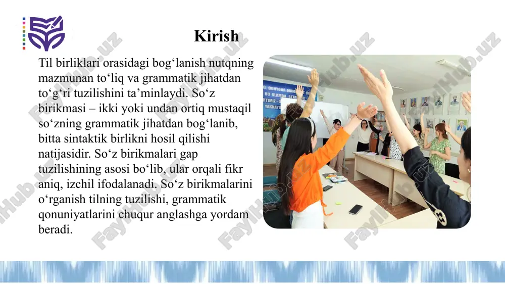ar karimov a. hozirgi o‘zbek adabiy tili. – toshkent: o‘qituvchi, 2019. g‘ulomov a., rahmatullayev sh. o‘zbek tili grammatikasi (sintaksis). – toshkent: fan, 2018. mahmudov n., nurmonov a. til va nutq nazariyasi. – toshkent: o‘zbekiston, 2020. jo‘rayev m. o‘zbek tilining sintaksisi. – samarqand: samdu nashriyoti, 2017. rahmatullayev sh. o‘zbek tili sintaksisi masalalari. – toshkent: fan, 2005. xo‘jayev a. tilshunoslik asoslari. – toshkent: ilm ziyo, 2021. internet manbalar: www.ziyonet.uz, www.tilvaadabiyot.uz e e’tiboringiz uchun raxmat image1.jpeg image10.svg image11.png image2.png image3.png image4.svg image5.png image6.svg image7.png image8.svg image9.png image12.png image13.png image14.svg image15.png image16.png image17.jpeg image18.png image19.svg image20.png image21.png image22.svg image23.jpeg image24.jpeg