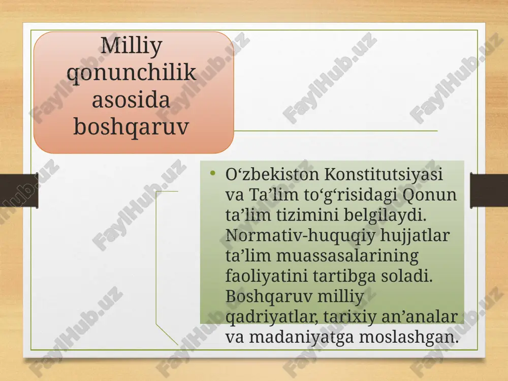 amlashtirish va innovatsiyalarni kengaytirish zarur. ta’lim tizimi uzluksiz rivojlanishga intiladi. xulosa o‘zbekiston ta’lim tizimi markazlashgan boshqaruv va milliy qonunchilik asosida faoliyat yuritadi. mahalliy boshqaruv va jamoatchilik ishtiroki tizimni samarali qiladi. ta’limning milliy va xalqaro integratsiyasi rivojlanish va sifatni oshirishga xizmat qiladi. image7.png image8.jpeg image3.png image4.png /docprops/thumbnail.jpeg