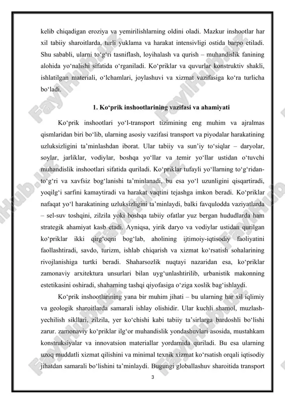 azaridan esa, ko‘priklar zamonaviy arxitektura unsurlari bilan uyg‘unlashtirilib, urbanistik makonning estetikasini oshiradi, shaharning tashqi qiyofasiga o‘ziga xoslik bag‘ishlaydi. ko‘prik inshootlarining yana bir muhim jihati – bu ularning har xil iqlimiy va geologik sharoitlarda samarali ishlay olishidir. ular kuchli shamol, muzlash-yechilish sikllari, zilzila, yer ko‘chishi kabi tabiiy ta’sirlarga bardoshli bo‘lishi zarur. zamonaviy ko‘priklar ilg‘or muhandislik yondashuvlari asosida, mustahkam konstruksiyalar va innovatsion materiallar yordamida quriladi. bu esa ularning uzoq muddatli xizmat qilishini va minimal texnik xizmat ko‘rsatish orqali iqtisodiy jihatdan samarali bo‘lishini ta’minlaydi. bugungi globallashuv sharoitida transport yo‘llari orqali mintaqaviy va xalqaro integratsiya jarayonlari kuchaymoqda. aynan ko‘priklar ushbu transport yo‘llarini uzviy bog‘laydigan va qatnov xavfsizligini kafolatlaydigan kalit inshootlar sifatida maydonga chiqmoqda. ayniqsa, tog‘li yoki suv havzasi ko‘p bo‘lgan hududlarda ko‘priklarning ahamiyati yanada oshadi. ular orqali tabiiy to‘siqlar yengib o‘tiladi, mavjud yo‘l infratuzilmasi kengaytiriladi va harakat tarmog‘i yaxlit tizimga aylantiriladi. ko‘priklar ijtimoiy hayotda ham katta o‘rin tutadi. ular aholining ish, o‘qish, davolanish, dam …