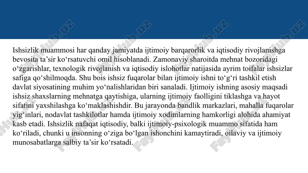 tashkilotlar tomonidan ishsiz fuqarolar uchun turli kasbga o‘qitish va qayta tayyorlash kurslari yo‘lga qo‘yilgan. 2 bu kurslar orqali ishsizlar yangi kasb-hunarlarni egallab, o‘z malakasini oshiradi va mehnat bozorida raqobatbardosh bo‘ladi. “yoshlar daftari”, “ayollar daftari” va “temir daftar” dasturlari doirasida aholining ehtiyojmand qatlamlari uchun bepul kasb-hunar o‘rganish imkoniyatlari yaratilgan. 3 ijtimoiy xizmatlar orqali yordam ko‘rsatish shakllari ijtimoiy ishning muhim jihatlaridan biri — ishsiz fuqarolarga nafaqat moddiy, balki ijtimoiy-psixologik yordam ko‘rsatishdir. ijtimoiy xizmat ko‘rsatish markazlari ishsizlarga motivatsiya berish, ularning o‘ziga ishonchini oshirish, oilaviy muammolarni hal qilishga yordam berish kabi yo‘nalishlarda faoliyat yuritadi. mehnat yarmarkalari, psixologik treninglar, maslahatlar va individual suhbatlar orqali ishsiz fuqarolarning mehnatga tayyorligini mustahkamlashga qaratilgan ishlar olib boriladi. shu tariqa, ijtimoiy ishning samarali tashkil etilishi nafaqat bandlik darajasini oshiradi, balki fuqarolarning jamiyat hayotiga faol qo‘shilishini ta’minlaydi. ishsiz fuqarolar bilan ijtimoiy ishni tashkil etishning asosiy yo‘nalishlari davlat tomonidan olib borilayotgan ijtimoiy siyosat. o‘zbekiston respublikasida ishsiz fuqarolar bilan ishlash davlat ijtimoiy siyosatining …
