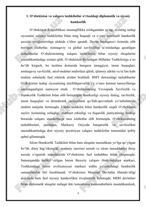 an bo‘lib, diniy bag‘rikenglik, madaniy merosni asrash va islom tamaddunini ilmiy asosda o‘rganish masalalarida o‘zbekiston faol tashabbus bilan chiqmoqda. samarqandda tashkil etilgan imom buxoriy xalqaro ilmiy-tadqiqot markazi, toshkentdagi islom sivilizatsiyasi markazi ushbu yo‘nalishdagi hamkorlik samaralaridan biri hisoblanadi. o‘zbekiston mustaqil davlatlar hamdo‘stligi doirasida ham faol siyosiy hamkorlikni rivojlantirib kelmoqda. mdh davlatlari bilan diplomatik aloqalar nafaqat ikki tomonlama munosabatlarni mustahkamlash, balki mintaqaviy muammolarga umumiy yechim topishda ham muhim vosita bo‘lib xizmat qilmoqda. o‘zbekiston hamdo‘stlik doirasida iqtisodiy integratsiya, transport-logistika tarmoqlarini rivojlantirish va mehnat migratsiyasini tartibga solish kabi masalalarda muhim rol o‘ynamoqda. o‘zbekiston shht, iht, turksoy kabi boshqa ko‘plab mintaqaviy va xalqaro tashkilotlar bilan ham faol siyosiy muloqot olib bormoqda. ushbu tashkilotlar bilan aloqalar o‘zbekiston tashqi siyosatining ko‘p vektorli, muvozanatli va ochiqlik siyosatiga asoslanganligini ko‘rsatadi. mamlakat nafaqat o‘z manfaatlarini ilgari surish, balki mintaqaviy va global tinchlikni ta’minlash, iqlim o‘zgarishi, xavfsizlik tahdidlari, terrorizm va ekstremizmga qarshi kurashda ham faol ishtirok etmoqda. 1-rasm diplomatik va siyosiy …