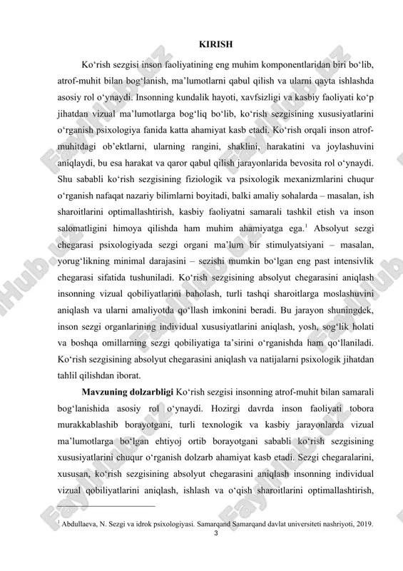 chiqishda ham qo‘llaniladi. kurs ishining ahamiyati ko‘rish sezgisining absolyut chegarasini aniqlash mavzusi ilmiy va amaliy jihatdan katta ahamiyatga ega. ilmiy nuqtai nazardan, bu mavzu inson sezgi organlarining fiziologik va psixologik xususiyatlarini o‘rganish, vizual ma’lumotlarni qabul qilish jarayonlarini tushunish va sezgi chegaralarini aniqlash imkonini beradi. tadqiqot natijalari psixologiyada sezgi jarayonlarini chuqur tahlil qilish, individual xususiyatlarni aniqlash va yangi eksperimental metodlarni ishlab chiqishda qo‘llaniladi. ko‘rish sezgisining absolyut chegarasini o‘rganish inson faoliyati, ta’lim, kasbiy faoliyat va xavfsizlik sohalarida muhim o‘rin tutadi. masalan, murakkab vizual ish bilan shug‘ullanuvchi mutaxassislar – haydovchilar, laboratoriya xodimlari, dizaynerlar – uchun ko‘rish qobiliyatini baholash va uning chegaralarini aniqlash kasbiy faoliyatni samarali tashkil etish va xatoliklarni kamaytirishda yordam beradi. o‘quvchilar va yoshlar bilan ishlashda vizual qobiliyatlarni baholash, ularni rivojlantirish va individual moslashuv imkoniyatlarini aniqlash uchun ham qo‘llaniladi. psixofizika va eksperimental psixologiya fanlarida ilmiy tadqiqotlar olib borish, sezgi organlarining ishlash mexanizmlarini aniqlash va ularni nazariy va amaliy jihatdan izohlash imkonini beradi. …