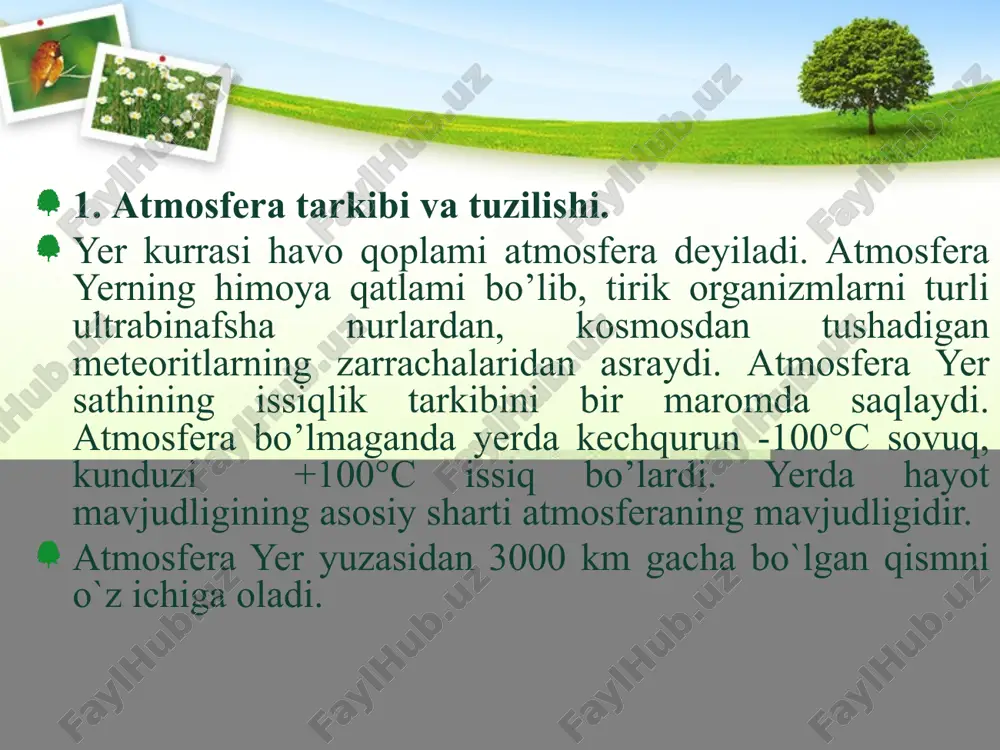 ishining suv resurslariga ta’siri. g) atmosfera ifloslanishining o’simlik va hayvonlarga ta’siri. d) atmosfera ifloslanishining iqtisodiy zararlari. karbonat angidrid gazi deyarli doimiy bo’lib, faqatgina yirik shaharlarda uning miqdori ortiq bo’lishi mumkin. ma’lumki, karbonat angidrid gazi yashil o’simliklar uchun oziqlanishda muhim ahamiyatga ega. azot elementi havoning tarkibida ko’p miqdorda bo’lishiga qaramay, uni organizmlar to’g’ridan-to’g’ri o’zlashtira olmaydi. organizmlar uni faqatgina birikma holdagina o’zlashtirishi mumkin. azot tugunak bakteriyalar, azotobakteriyalar, aktinomitsetlar va ko’k-yashil suvo’tlari uchun ozuqa manbai bo’lib xizmat qiladi. 3. global isish muammosi. ilk bor, 1896-yilda shved ximigi arrenius: «ko‘mirni yoqish natijasida atmosferaga tashlanadigan karbonat angidrid global isishga olib keladi», degan farazni aytgan. ma’lumki, karbonat angidrid (co2) zaharli emas, u o‘simliklar uchun oziqa hisoblanadi. co2 qisqa to‘lqinli quyosh nurlarini o‘tkazadi, lekin yerdan qaytarilgan uzun to‘lqinli issiqlik nurlanishini ushlab qoladi. natijada, issiqxona effekti vujudga keladi. xx asrning oxirgi 30 yilida olimlarga xlorftoruglerodlar (xfu), metan (ch4) va azot oksidi (n20) ham issiqxona effektiga olib kelishi ayon …