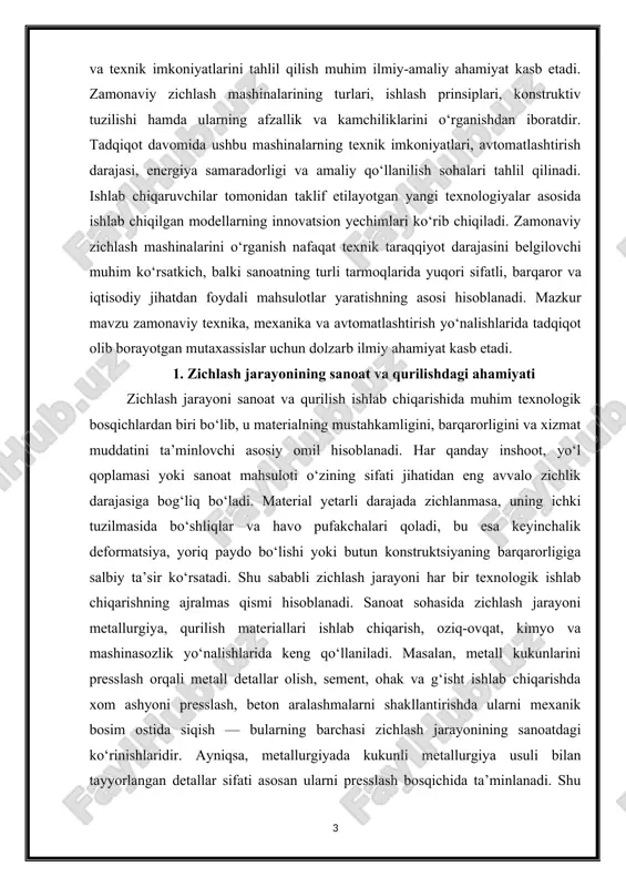, uning ichki tuzilmasida bo‘shliqlar va havo pufakchalari qoladi, bu esa keyinchalik deformatsiya, yoriq paydo bo‘lishi yoki butun konstruktsiyaning barqarorligiga salbiy ta’sir ko‘rsatadi. shu sababli zichlash jarayoni har bir texnologik ishlab chiqarishning ajralmas qismi hisoblanadi. sanoat sohasida zichlash jarayoni metallurgiya, qurilish materiallari ishlab chiqarish, oziq-ovqat, kimyo va mashinasozlik yo‘nalishlarida keng qo‘llaniladi. masalan, metall kukunlarini presslash orqali metall detallar olish, sement, ohak va g‘isht ishlab chiqarishda xom ashyoni presslash, beton aralashmalarni shakllantirishda ularni mexanik bosim ostida siqish — bularning barchasi zichlash jarayonining sanoatdagi ko‘rinishlaridir. ayniqsa, metallurgiyada kukunli metallurgiya usuli bilan tayyorlangan detallar sifati asosan ularni presslash bosqichida ta’minlanadi. shu tarzda zichlash jarayoni mahsulotning mexanik mustahkamligi va geometrik aniqligini belgilovchi hal qiluvchi bosqichga aylanadi. 1-rasm qurilish sohasida esa zichlash jarayonining ahamiyati yanada kengroq. har bir binoning poydevori, yo‘l qoplamasi yoki to‘siq devorining mustahkamligi bevosita tuproq va beton aralashmasining zichlanish darajasiga bog‘liq. qurilishda foydalaniladigan tuproq, shag‘al, qum, asfalt yoki beton qatlamlari ma’lum bosim …