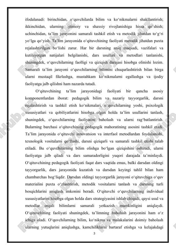 a emas, balki darsdan oldingi tayyorgarlik, dars jarayonida kuzatish va darsdan keyingi tahlil bilan ham chambarchas bog‘liqdir. darsdan oldingi tayyorgarlik jarayoni o‘qituvchiga o‘quv materialini puxta o‘zlashtirish, metodik vositalarni tanlash va darsning turli bosqichlarini aniqlash imkonini beradi. o‘qituvchi o‘quvchilarning individual xususiyatlarini hisobga olgan holda dars strategiyasini ishlab chiqadi, qaysi usul va metodlar orqali bilimlarni samarali yetkazish mumkinligini aniqlaydi. o‘qituvchining faoliyati shuningdek, ta’limning baholash jarayonini ham o‘z ichiga oladi. o‘quvchilarning bilim, ko‘nikma va malakalarini doimiy baholash ularning yutuqlarini aniqlashga, kamchiliklarni bartaraf etishga va kelajakdagi darslarni samarali rejalashtirishga yordam beradi. bu jarayonda o‘qituvchi faqat baholovchi emas, balki maslahat beruvchi va rag‘batlantiruvchi sifatida ham faoliyat yuritadi. o‘qituvchining ta’lim jarayonidagi faoliyati murakkab, ko‘p qirrali va mas’uliyatli jarayon bo‘lib, unda bilim berish, tarbiya berish va metodik jihatdan darsni samarali tashkil etish kabi bir necha funksiyalar uyg‘unlashgan holda amalga oshiriladi. o‘qituvchining pedagogik mahorati va darsga tayyorgarligi uning ta’lim jarayonini muvaffaqiyatli o‘tkazishidagi asosiy omil hisoblanadi. shu bois, pedagogning …