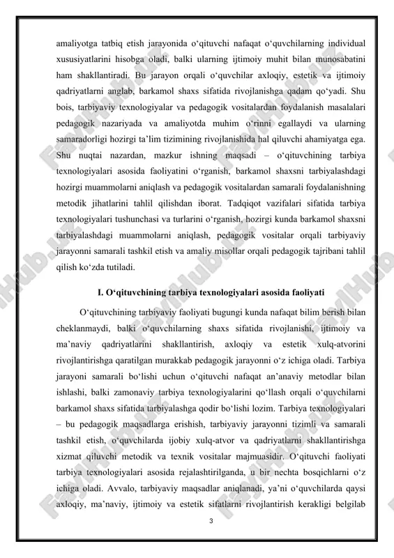 driyatlarini shakllantirish, axloqiy va estetik xulq-atvorini rivojlantirishga qaratilgan murakkab pedagogik jarayonni o‘z ichiga oladi. tarbiya jarayoni samarali bo‘lishi uchun o‘qituvchi nafaqat an’anaviy metodlar bilan ishlashi, balki zamonaviy tarbiya texnologiyalarini qo‘llash orqali o‘quvchilarni barkamol shaxs sifatida tarbiyalashga qodir bo‘lishi lozim. tarbiya texnologiyalari – bu pedagogik maqsadlarga erishish, tarbiyaviy jarayonni tizimli va samarali tashkil etish, o‘quvchilarda ijobiy xulq-atvor va qadriyatlarni shakllantirishga xizmat qiluvchi metodik va texnik vositalar majmuasidir. o‘qituvchi faoliyati tarbiya texnologiyalari asosida rejalashtirilganda, u bir nechta bosqichlarni o‘z ichiga oladi. avvalo, tarbiyaviy maqsadlar aniqlanadi, ya’ni o‘quvchilarda qaysi axloqiy, ma’naviy, ijtimoiy va estetik sifatlarni rivojlantirish kerakligi belgilab olinadi. keyingi bosqichda pedagog turli texnologiyalar va metodlarni tanlaydi, masalan, interfaol usullar, loyihaviy ishlar, guruhli muhokamalar, multimedia vositalari va o‘yin texnologiyalari orqali tarbiyaviy jarayonni samarali tashkil etadi. shu tariqa, o‘qituvchi o‘quvchilarning individual xususiyatlarini hisobga olgan holda, tarbiyaviy vazifalarni amalga oshirish imkoniyatiga ega bo‘ladi. zamonaviy pedagogik amaliyotda tarbiya texnologiyalari ikki asosiy yo‘nalishda qo‘llaniladi: birinchisi, o‘quvchilarning ma’naviy …