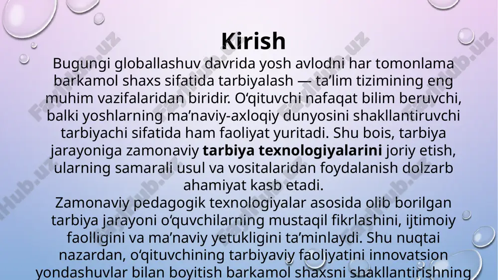 rbiya samaradorligini oshiradi. barkamol shaxsni shakllantirishda dolzarb muammolar yoshlarni barkamol shaxs sifatida tarbiyalashda zamonaviy hayot talablari bilan bog‘liq bir qator muammolar mavjud. eng avvalo, globallashuv va axborot oqimining kuchayishi yoshlar dunyoqarashiga ijobiy hamda salbiy ta’sir ko‘rsatmoqda. oila, ta’lim muassasasi va jamoatchilik hamkorligining sustligi, milliy qadriyatlarga e’tiborning kamayishi, internet va ijtimoiy tarmoqlarda tarqalayotgan noto‘g‘ri axborotlar tarbiyaviy jarayonni murakkablashtirmoqda. shu sababli, barkamol shaxs tarbiyasida zamonaviy pedagogik texnologiyalar, interaktiv metodlar va innovatsion yondashuvlardan samarali foydalanish zarur. pedagogik vositalar orqali tarbiya samaradorligini oshirish tarbiya jarayonida pedagogik vositalardan oqilona foydalanish o‘quvchilarning qiziqishini oshiradi, ularning faol ishtirokini ta’minlaydi va tarbiyaviy ta’sir kuchini sezilarli darajada oshiradi. pedagogik vositalarga rolli o‘yinlar, munozaralar, treninglar, taqdimotlar, video materiallar, testlar hamda axborot texnologiyalari kiradi. bu vositalar orqali o‘quvchilar nafaqat bilim oladilar, balki o‘z fikrini erkin bayon etish, muloqot madaniyatini shakllantirish va jamoada ishlash ko‘nikmalarini egallaydilar. shuningdek, o‘qituvchining shaxsiy namunasi, nutq madaniyati va muloqot uslubi ham eng kuchli tarbiyaviy vositalardan biridir. shu …