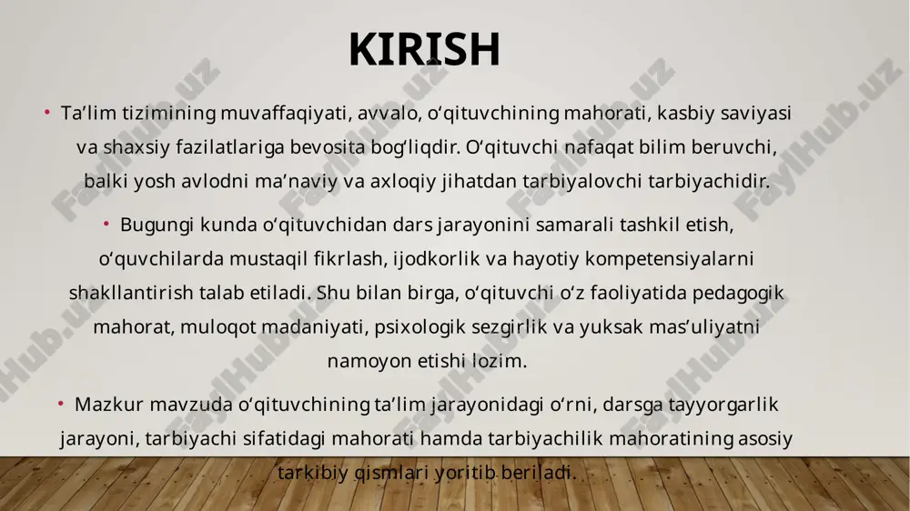 atlarni shakllantirishga xizmat qiladi. tarbiyachi sifatida o‘qituvchining mahorati uning har bir so‘zida, har bir harakatida, o‘quvchi bilan munosabatida namoyon bo‘ladi. shu boisdan, har bir pedagog o‘z ustida muntazam ishlashi, o‘zini rivojlantirishi va tarbiyachilik madaniyatini yuksaltirishi lozim. tarbiyachilik mahoratining tarkibiy qismlari tarbiyachilik mahorati — bu o‘qituvchining o‘quvchilarga ta’sir ko‘rsatish, ularni to‘g‘ri yo‘lga yo‘naltirish, ijobiy sifatlarni shakllantirish hamda shaxs sifatida tarbiyalash qobiliyatidir. bu mahorat bir necha tarkibiy qismlardan iborat bo‘lib, ularning har biri pedagogik jarayonning samaradorligini belgilaydi. tarbiyachilik mahoratining birinchi tarkibiy qismi — pedagogik bilim va malaka. o‘qituvchi pedagogika, psixologiya, didaktika, axloqshunoslik kabi fanlardan chuqur bilimga ega bo‘lishi, yosh avlod tarbiyasining qonuniyatlarini bilishi zarur. bu bilimlar unga tarbiyaviy jarayonni ilmiy asosda tashkil etish imkonini beradi. ikkinchi tarkibiy qism — muloqot madaniyati va psixologik sezgirlik. har bir o‘quvchining ichki dunyosini his eta bilish, unga to‘g‘ri munosabatda bo‘lish, individual yondashuvni amalga oshirish o‘qituvchining tarbiyaviy ta’sirini kuchaytiradi. muloqotda samimiyat, sabr-toqat va ishonch muhim ahamiyatga ega. …