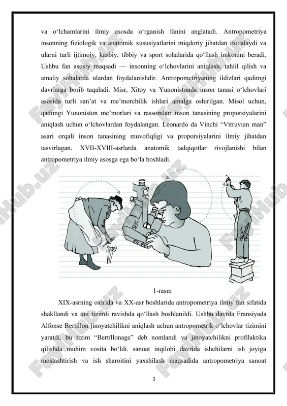 a o‘lchovlari asosida kabina va boshqaruv elementlari loyihalashtirildi. sog‘liqni saqlash, sport, kiyim-kechak ishlab chiqarish, transport va mehnat ergonomikasi kabi sohalarda antropometrik ma’lumotlar ish samaradorligini oshirish va xavfsizlikni ta’minlashda muhim ahamiyat kasb etdi. bugungi kunda antropometriya ikki asosiy yo‘nalishda rivojlangan: klassik antropometriya va zamonaviy texnologik antropometriya. klassik antropometriya inson tanasini qo‘l bilan o‘lchash usullarini o‘z ichiga oladi, masalan, bo‘y, vazn, qo‘l va oyoq uzunligi, barmoqlar va tana qismlarining qalinligi. zamonaviy texnologik antropometriya esa lazer skanerlash, 3d-modellashtirish va kompyuter grafikasi yordamida inson tanasining aniq o‘lchovlarini olish va tahlil qilish imkonini beradi. antropometriya inson faoliyatini xavfsiz va ergonomik jihatdan samarali tashkil etishda asosiy ilmiy vosita sifatida xizmat qiladi. antropometriya milliy va xalqaro standartlar bilan uyg‘unlashtirilgan bo‘lib, har bir mamlakatda o‘zining normativ antropometrik ma’lumotlar bazasi mavjud. bu ish joylarini loyihalash, mehnatni tashkil etish va xavfsizlik talablarini belgilashda muhim rol o‘ynaydi. antropometrik tadqiqotlar inson tanasining jins, yosh, etnik guruh va sog‘liq holatiga qarab o‘zgaruvchanligini ham …