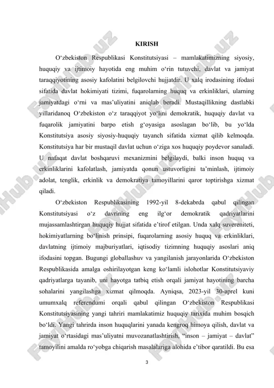 kafolatlovchi, demokratik jamiyat qurishning huquqiy poydevorini belgilovchi hujjatdir. shuning uchun ham konstitutsiyaning mazmun-mohiyatini o‘rganish, unda ifodalangan tamoyillarni chuqur tahlil qilish va ularni amaliy hayotda tatbiq etish masalasi bugungi kunda nihoyatda dolzarb hisoblanadi. so‘nggi yillarda mamlakatimizda amalga oshirilayotgan siyosiy, huquqiy va ijtimoiy islohotlar jarayonida konstitutsiyaning roli yanada ortib bormoqda. ayniqsa, 2023-yil 30-aprel kuni o‘tkazilgan umumxalq referendumi asosida qabul qilingan o‘zbekiston respublikasi konstitutsiyasining yangi tahriri mamlakat taraqqiyotining yangi bosqichini boshlab berdi. ushbu hujjatda “inson – jamiyat – davlat” tamoyili asosiy g‘oya sifatida ilgari surilib, inson manfaatlari, huquq va erkinliklarini ta’minlash davlat siyosatining bosh maqsadi sifatida mustahkamlab qo‘yildi. bu o‘zgarishlar o‘zbekistonni huquqiy-demokratik davlat sifatida yanada rivojlantirish, adolat, qonun ustuvorligi va fuqarolik jamiyatini mustahkamlash yo‘lida muhim qadam bo‘ldi. konstitutsiyaning dolzarbligi shundaki, u nafaqat davlat boshqaruvining huquqiy asoslarini belgilaydi, balki xalq va jamiyat o‘rtasidagi ijtimoiy shartnoma sifatida har bir fuqaroning huquqiy maqomini, burch va mas’uliyatini ham aniqlab beradi. shu nuqtai nazardan, bugungi kunda konstitutsiyani chuqur …