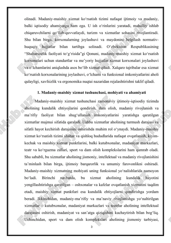 port va dam olish komplekslarini ham qamrab oladi. shu sababli, bu xizmatlar aholining jismoniy, intellektual va madaniy rivojlanishini ta’minlash bilan birga, ijtimoiy barqarorlik va umumiy farovonlikni oshiradi. madaniy-maishiy xizmatning mohiyati uning funksional yo‘nalishlarida namoyon bo‘ladi. birinchi navbatda, bu xizmat aholining kundalik hayotini yengillashtirishga qaratilgan – oshxonalar va kafelar ovqatlanish xizmatini taqdim etadi, maishiy xizmat punktlari esa kundalik ehtiyojlarni qondirishga yordam beradi. ikkinchidan, madaniy-ma’rifiy va ma’naviy rivojlanishga yo‘naltirilgan xizmatlar – kutubxonalar, madaniyat markazlari va teatrlar aholining intellektual darajasini oshirish, madaniyat va san’atga qiziqishini kuchaytirish bilan bog‘liq. uchinchidan, sport va dam olish komplekslari aholining jismoniy tarbiyasi, sog‘lomlashtirish va dam olish talablarini qondirishga xizmat qiladi. shu bilan birga, madaniy-maishiy xizmat korxonalari turli ijtimoiy guruhlar – bolalar, o‘smirlar, kattalar va keksalar ehtiyojlarini qondirishga mo‘ljallangan bo‘lib, ularning xizmat ko‘rsatish shakllari va hajmi turlicha bo‘ladi. madaniy-maishiy xizmatning ahamiyati ham ko‘p qirralidir. bir tomondan, u aholining hayot sifatini oshiradi, kundalik ehtiyojlarini qondirishni soddalashtiradi va dam olish imkoniyatlarini …