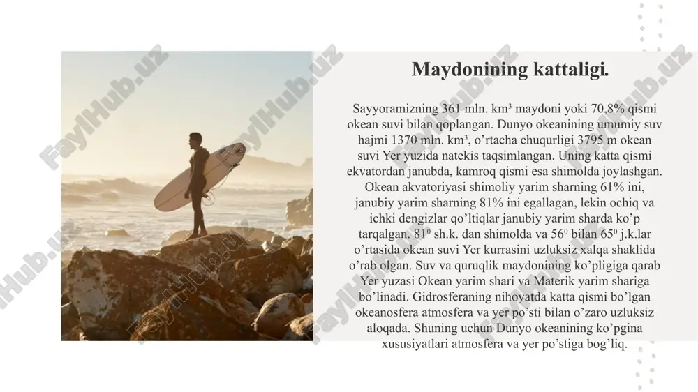 logik tuzilishi. hind okeani botigʻi ancha yosh boʻlib, mezozoy erasida qad. gondvana materigi (quruqligi)ning parchalanishi, quruqlik palaxsalarini siljib keti-shi, qad. tetis va tinch okeanlari yer poʻstining parchalanishi natijasida 70—65 mln. yillar avval hozirgi shaklini olgan. botiqning taraqqiyot tarixi hozirgi suv osti relyefida oʻz aksini topgan. materiklarning suv ostidagi davomi okean maydonining 30% ga yaqinini tashkil etadi. 20gg 6 image1.jpeg image2.jpg image3.jpeg image4.gif mixed race woman standing on paddleboard in ocean /docprops/thumbnail.jpeg