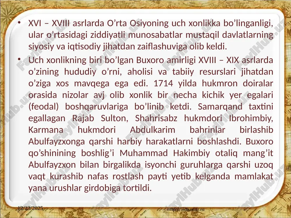 va xirojdan boshqa barcha soliqlarni kamaytirdi. mamlakat iqtisodini yo'lga qo'yishda shohmurod o'tkazgan pul islohoti muhim ahamiyat kasb etdi.. ashtarxoniylar davrida zarb qilingan tangalarda kumush miqdori kamaytirib yuborilgan edi shohmurod joriy qilgan qonun bo'yicha kim mol-mulkka xiyonat qilsa, jamiyatdagi martabasidan qat'i nazar qattiq jazoga tortilishi lozim edi. bu tadbir xalq manfaatlariga tajovuzning oldini oldi. image2.jpeg image3.png image4.jpeg image5.jpeg image6.jpeg image7.jpeg image8.jpeg image9.jpeg image10.png image11.jpeg image12.png image13.jpeg image14.jpeg image15.jpeg image1.jpeg