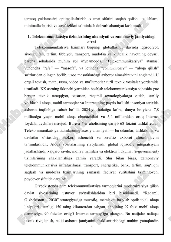 tizimlari va elektron hukumat (e-government) tizimlarining shakllanishiga zamin yaratdi. shu bilan birga, zamonaviy telekommunikatsiya infratuzilmasi transport, energetika, bank, ta’lim, sog‘liqni saqlash va mudofaa tizimlarining samarali faoliyat yuritishini ta’minlovchi poydevor sifatida qaraladi. o‘zbekistonda ham telekommunikatsiya tarmoqlarini modernizatsiya qilish davlat siyosatining ustuvor yo‘nalishlaridan biri hisoblanadi. “raqamli o‘zbekiston – 2030” strategiyasiga muvofiq, mamlakat bo‘ylab optik tolali aloqa liniyalari uzunligi 150 ming kilometrdan oshgan, aholining 97 foizi mobil aloqa qamroviga, 90 foizdan ortig‘i internet tarmog‘iga ulangan. bu natijalar nafaqat texnik rivojlanish, balki axborot jamiyatini shakllantirishdagi muhim yutuqlardir. telekommunikatsiya tizimlarining zamonaviy jamiyatdagi o‘rni ko‘p jihatdan ularning raqamli iqtisodiyot va axborot xavfsizligi bilan integratsiyalashganligiga bog‘liq. masalan, 4g va 5g tarmoqlari yordamida amalga oshirilayotgan “aqlli shaharlar” (smart city), “aqlli uy” (smart home) va “nesnalar interneti” (iot) loyihalari turmush sifatini oshirish bilan birga, resurslardan samarali foydalanish imkonini beradi. shuningdek, bulutli texnologiyalar (cloud computing), sun’iy intellekt (ai) va big data tahlili telekommunikatsiya infratuzilmasining asosiy yo‘nalishlariga aylanmoqda. telekommunikatsiya tizimlari nafaqat …