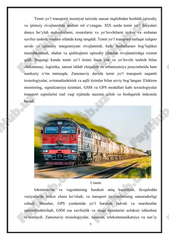 xatoliklar va avariyalarni oldini oladi. temir yo‘l transportining rivojlanishi va zamonaviy texnologiyalarning integratsiyasi transport tizimining xavfsizligi, uzluksizligi va iqtisodiy samaradorligini oshirishda hal qiluvchi ahamiyatga ega. bu jarayonlar nafaqat milliy iqtisodiyot uchun, balki xalqaro transport tizimlari va ekologik jihatdan barqaror tashish tizimini yaratishda ham muhim o‘rin tutadi. temir yo‘l transportining rivojlanishi nafaqat texnologik, balki ekologik jihatdan ham muhim ahamiyatga ega. avtomobil va havo transportiga nisbatan temir yo‘l yuk tashishning energiya sarfi kam va atrof-muhitga zarar keltirishi minimal bo‘ladi. ko‘plab mamlakatlarda ekologik barqarorlikni ta’minlash maqsadida transport siyosatida temir yo‘l transportiga ustuvor ahamiyat berilmoqda. zamonaviy texnologiyalar, xususan, gsm va gps tizimlari yordamida lokomotivlar va vagonlarning yonilg‘i sarfi monitoring qilinadi, yo‘l harakati jarayonida optimal tezlik va marshrutlar tanlanadi, bu esa energiya tejamkorligini oshiradi va chiqindilarni kamaytiradi. temir yo‘l transportining rivojlanishi axborot texnologiyalari bilan birga logistika tizimlarida inqilobiy o‘zgarishlar olib keldi. real vaqt rejimida yuk va yo‘lovchi oqimlarini kuzatish, transport jarayonini avtomatlashtirish, signalizatsiya va xavfsizlik …