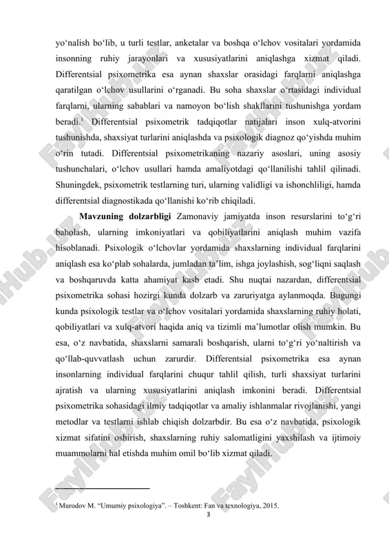 l psixometrik tadqiqotlar olib borilmoqda. lekin bu sohaning mahalliy xususiyatlari, madaniy va ijtimoiy sharoitlarga moslashtirilgan testlar ishlab chiqilishi hali to‘liq yakunlanmagan. shu bois, differentsial psixometrika bo‘yicha yangi tadqiqotlar olib borish, o‘rganilganlik darajasini oshirish va amaliy natijalar olish zarurati mavjud. kurs ishining ahamiyati differentsial psixometrika sohasidagi tadqiqotlar insonlarning individual xususiyatlarini chuqurroq tushunish va aniqlash imkonini beradi. bu esa psixologik xizmatlar sifatini oshirish, shaxslarni to‘g‘ri baholash va ularga mos keladigan rivojlanish yo‘nalishlarini belgilashda muhim ahamiyat kasb etadi. u differentsial psixometrikaning nazariy va amaliy asoslarini o‘rganish orqali psixologik testlar va o‘lchov metodlarini yaxshiroq tushunishga, shuningdek, bu sohada mavjud muammolarni aniqlash va yechimlar taklif qilishga xizmat qiladi. tadqiqot natijalari psixologik amaliyotda testlarni samarali qo‘llash va yangi psixometrik vositalarni yaratishda qo‘llanilishi mumkin. mahalliy sharoitlarda differentsial psixometrika sohasini rivojlantirish, psixologlar va tadqiqotchilar uchun foydali qo‘llanma bo‘lib xizmat qilishi kutilmoqda. bu sohada olib borilgan izlanishlar ta’lim, sog‘liqni saqlash, kadrlar tayyorlash va ijtimoiy sohalarda yanada samarali natijalarga erishishga …
