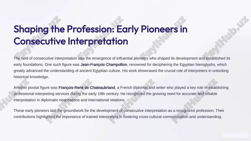 cing challenges, embracing innovation: consecutive interpretation in the 21st century consecutive interpretation continues to navigate a landscape of evolving challenges and innovations. the rise of online platforms and remote communication has created new demands for interpreters, requiring them to adapt to virtual environments and utilize new technologies for delivering accurate interpretations across distances. simultaneously, the growing diversity of languages and cultural nuances necessitates a deeper understanding of context and communication styles. this requires ongoing professional development and a commitment to continuous learning to stay current with linguistic and cultural shifts. interpreters are increasingly collaborating with technologists to explore the potential of artificial intelligence and machine translation in supporting their work. this collaboration is crucial for ensuring that interpretation services remain relevant and effective in the face of technological advancements. 7 the future of consecutive interpretation: embracing the human touch 1 cultural sensitivity understanding nuances and communication styles 2 rapport building …