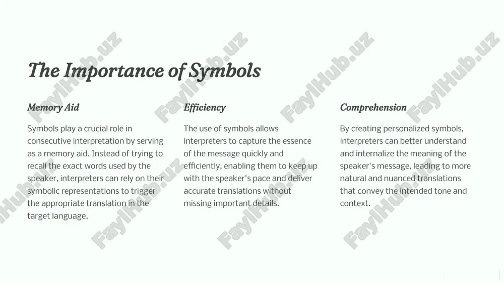 ning the tone, context, and accuracy of the original message. by mastering the art of creating and applying symbols in consecutive interpretation, you can enhance your language skills, improve your memory recall, and deliver more accurate and nuanced translations, ultimately becoming a more effective and sought-after interpreter. 6 image1.png image2.jpg image3.png image4.png image5.png image6.png image7.png image8.png image9.png 1034901762