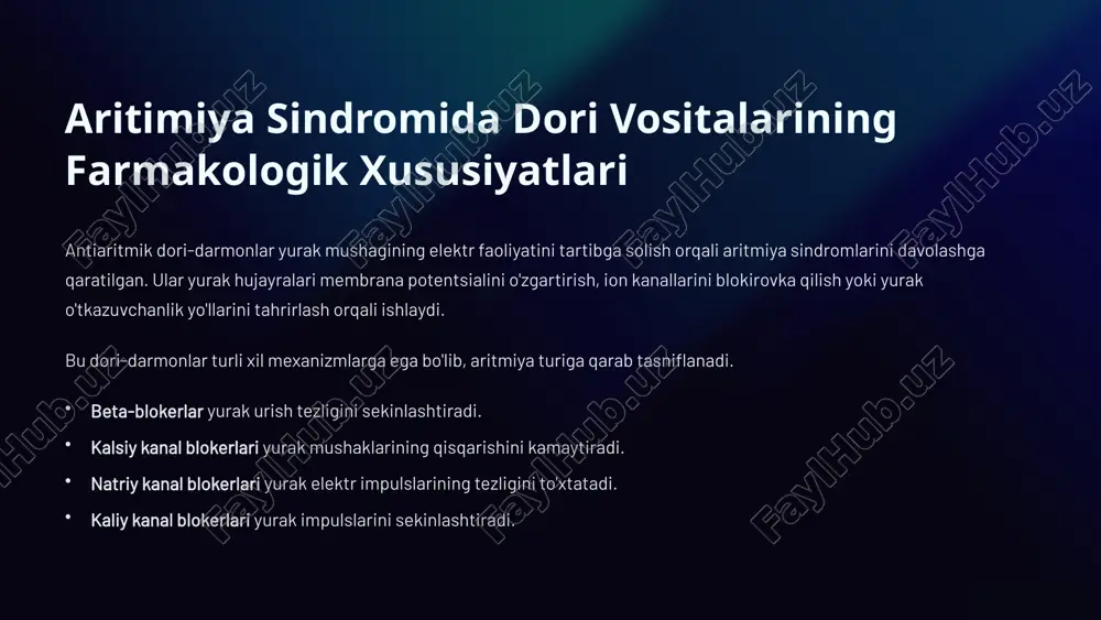 i muntazam jismoniy mashqlar, to'g'ri ovqatlanish, chekishni tashlash va stressni kamaytirish yurak salomatligini yaxshilashga yordam beradi. turmush tarzini o'zgartirish muntazam jismoniy mashqlar, to'g'ri ovqatlanish, chekishni tashlash va stressni kamaytirish yurak salomatligini yaxshilashga yordam beradi. jarrohlik aralashuvi ba'zi hollarda jarrohlik aralashuvi yoki ablatsiya kabi protseduralar yurak urish ritmini normal holatga keltirish uchun zarur bo'lishi mumkin. bu usullar odatda dori-darmonlar samarasiz bo'lgan hollarda qo'llaniladi. 7 dori vositalaridan foydalanishda ehtiyotkorlik cho'ralari shifokorning ko'rsatmasiga amal qilish antiaritmik dori-darmonlarni qo'llashda shifokorning ko'rsatmasiga amal qilish juda muhimdir. dozalashni o'zgartirishdan oldin shifokor bilan maslahatlashish kerak, chunki dori-darmonlarning noto'g'ri qo'llanilishi yon ta'sirlarga olib kelishi mumkin. dori-darmonlarning o'zaro ta'siri dori-darmonlarning o'zaro ta'siriga e'tibor berish kerak, chunki ba'zi dori-darmonlar antiaritmik dori-darmonlarning samaradorligini pasaytirishi yoki yon ta'sirlarini kuchaytirishi mumkin. shifokor bilan dori-darmonlarning o'zaro ta'siri haqida gapirish muhimdir. yon ta'sirlarni kuzatish har qanday dori-darmon singari, antiaritmik dori-darmonlar ham yon ta'sirga olib kelishi mumkin. agar sizda dori-darmonlarni qabul qilish bilan bog'liq har qanday …