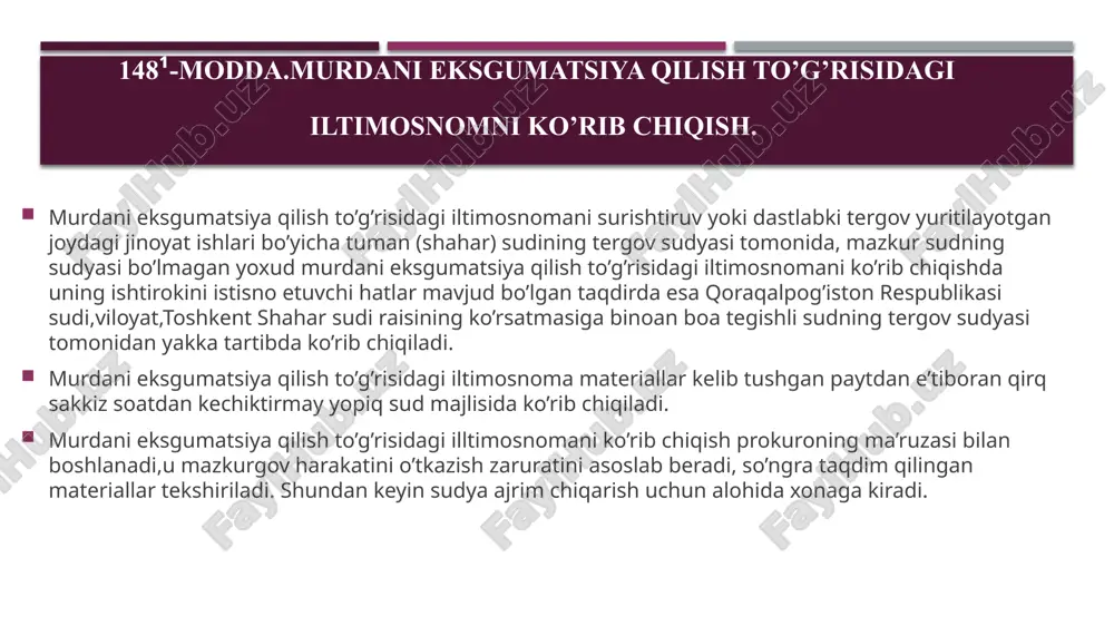 3,va 197-moddalarida nazarda tutilgan qoidalar asosida amalga oshiradilar. 151-modda. murdani eksgumatsiya qilish bayonnomasi. murdani eksgumatsiya qilish to’g’risida ushbu kodeksning 90-92-moddalarida nazarda tutilgan qoidalarga muvofiq surishtiruvchi yoki tergovchi bayonnoma tuzadi,sud esa eksgumatsiya jarayoni va natijalarini sud majlisiningbayonnomasida qayd etadi.bayonnomaga qabr,tobut,murdaning fotosuratlari,kinotasvir va videoyozuvlar ilova qilinishi mumkin. murda eksgumatsiya qilingandan so’ng ko’zdan kechirish,tanib olish yoki ekspert tekshiruvi uchun namunalar olish amalga oshirilgan bo’lsa,mazkur tergov harakatlari to’g’risida bayonnoma tuziladi. 152-modda. murdani eksgumatsiyadan so’ng ko’mish. eksgumatsiyadan va boshqa protsessual harakatlardan so’ng murdani ko’mish murdani eksgumatsiya qilish to’g’risidagi qaror yoki ajrim chiqargan shaxsning ishtirokida amalga oshiriladi. murda ko’milganligi to’g’risida bayonnoma tuziladi. e’tiboringiz uchun raxmat! /docprops/thumbnail.jpeg