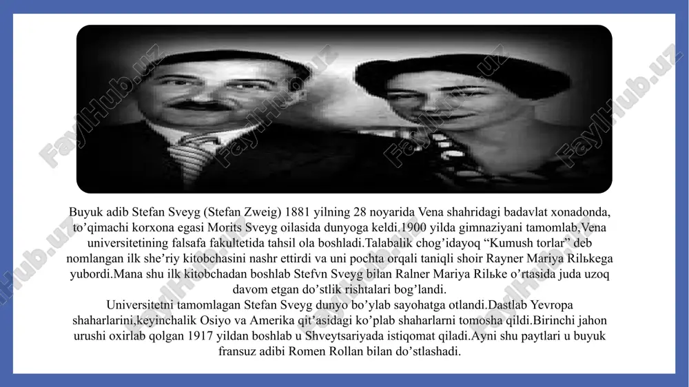 n shahri yaqinidagi mennonit dehqon jamoasidan edi. uning oilasi jon drayzerga uylanishga qaror qilgani va rim-katolik dinini qabul qilgani uchun uni rad etishadi. teodor o'n uchta bolaning o'n ikkinchisi edi (omon qolgan o'nta bolaning to'qqizinchisi). pol drayzer (1857–1906) uning katta akalaridan biri edi; pol mashhur qo'shiq muallifiga aylangani uchun ismining imlosini o'zgartirdi. ular katoliklar sifatida tarbiyalangan. danielsning so'zlariga ko'ra, drayzerning bolaligi og'ir qashshoqlik bilan ajralib turadi va uning otasi qattiqqo'l boʻlgan. uning keyingi badiiy asarlarida ana shu tajribalar aks etgan. indiana shtatining varshava shahrida o'rta maktabni tugatgandan so'ng , drayzer 1889-1890 yillarda indiana universitetida o'qiydi. 9 drayzerning eng mashhur romanlari qatoriga: "baxtiqaro kerri"(1900), "sarmoyador" (1912) va "amerika fojiasi" (1925) kiradi. 2022-yil muhabbat ismoilova tarjimasi asosida va "asaxiy books" loyihasi doirasida "sarmoyador" romani o'zbek tiliga qayta tarjima qilindi. e’tiboringiz uchun rahmat 10 image1.jpeg image2.jpeg image3.jpeg /docprops/thumbnail.jpeg