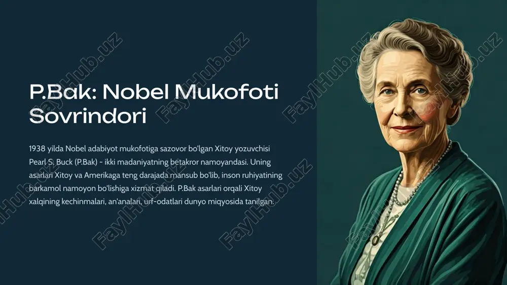 fatida namoyon bo'ladi. 8 p.bak asarlarining jahon adabiyotidagi o'rni 40 tilidagi asarlar p.bak ijodining jahon miqyosida tanilishiga xizmat qilgan eng muhim omillardan biri uning 40 dan ortiq tilga tarjima qilingan asarlaridir. 1938 nobel mukofoti p.bak 1938 yilda nobel adabiyot mukofotiga sazovor bo'lgan birinchi ayol yozuvchi sifatida e'tirof etilgan. 100 nashr etilgan asarlar p.bak hayoti davomida 100 dan ortiq kitob, hikoya va maqolalar yozib, adabiyot olamiga katta hissa qo'shdi. 9 p.bak ijodining xitoy xalq hayotini aks ettirishdagi ahamiyati 1 madaniyatlar dialogi p.bak asarlari orqali xitoy va amerikaning mutafakkir farzandlari o'rtasida yuzaga kelgan madaniy va g'oyaviy dialog,ulug' yozuvchiga jahon adabiyotida alohida o'rin beradi. 2 xitoy xalqining aks etishi p.bak asarlari orqali xitoy xalqining bayramona marosimlaridan tortib, kundalik turmush tarzi va falsafasigacha batafsil tasvirlanadi. 3 inson qadr-qimmati p.bak ijodida aks etgan inson shaxsining qadri, uning ruhiy olami, his-tuyg'ulari, orzu-istaklari jahon adabiyotida beqiyos ahamiyat kasb etadi. 10 image1.png image2.png image3.png image4.png image5.png image6.png image7.png …