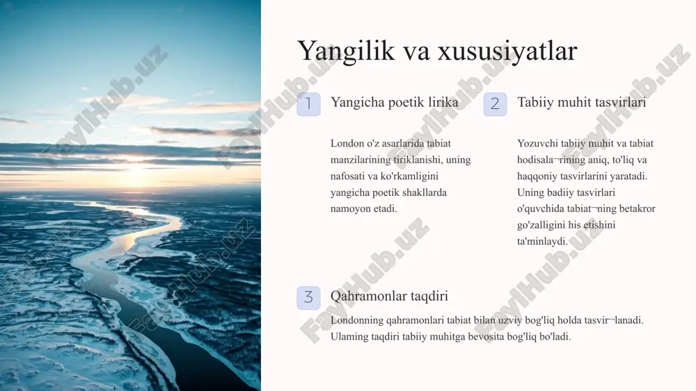 batini chuqur yoritadi, tabiatning hayotiy ahamiyatini va inson bilan bog'liqligini asoslaydi. 2 t.drayzer asarlari inson erki, mustaqilligi va jamiyat o'rtasidagi tanqidiy munosabatlarni yoritadi, ulaming tragedik oqibatlarini ko'rsatadi. 3 dolzarb muammo inson erki va jamiyat o'rtasidagi ziddiyatlar umuminsoniy ahamiyatga ega, ularni tushunish va hal qilish juda muhim. 10 image1.png image2.png image3.png image4.png image5.png image6.png image7.png image8.png image9.png image10.png image11.png image12.png image13.png image14.png image15.png image16.png image17.png image18.png image19.png