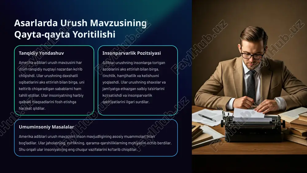 oshlarning yangilanish uchun kurashi aks etdi. adiblar insoniyatning o'zgarish uchun qarshilikni yengishiga umid bildirdilar. 6 jaholat va yovuzlikning qaramaligi noilojlik adiblar urushning kelib chiqish sabablari sifatida inson aqli va tafakkurining qoloqligini, noilojligini ko'rsatdilar. ular jaholat va e'tiborsizlikning yovuzlikka olib kelishini tahlil qildilar. ochko'zlik yozuvchilar urushga olib keladigan salbiy insoniy sifatlar - manfaatparvarlik, ochko'zlik, manmanlik kabi jihatlarni fosh etdilar. ular bu xususiyatlar inson va jamiyatni xarob qilishini namoyish etdilar. razolat amerika adiblari urushning kelib chiqishida insonning razolat, zo'ravonlik va qattiqqo'llik sifatlarining rolini ko'rsatdilar. ular bu salbiy xislatlarning jaholat va yovuzlikka olib borishi ustida batafsil fikr yuritdilar. 7 urush qurbonlari va ularning ruhiy holatlari 1 qo'rquv asarlarda badiiy tasvir qilingan urush qurbonlarining qo'rquv, bezovtalik va hayajon kabi ruhiy holatlari aks ettirildi. 2 azob adibllar urush qurbonlarining tanasiga va ruhlariga yetkazilgan azobli jarohatlar hamda ulardagi sog'liq muammolarini ko'rsatdilar. 3 g'ubor yozuvchilar qahramonlarining iqtisodiy, ijtimoiy va oilaviy yo'qotishlari tufayli yuzaga kelgan g'ubor, g'am va …