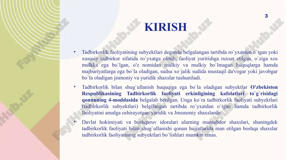 ega bo`lishlari mumkin yetkazilgan zararning to`lanishini talab qilishlari; 8 yuqorida aytib o`tganimizdek fuqarolar bilan birgalikda korxonalarning mehnat jamoasi ham tadbirkorlik faoliyatining subyektlari sifatida ishtirok etishlari mumkin. tadbirkorlik faoliyatini olib borayotgan mehnat jamoasi, xoh davlatga, xoh aralash shaklda bo`lsin yoki fuqaroga xususiy mulk shaklida tegishli bo`lsin, qonunda belgilangan huquqlar va burchlarga ega bo`lgan yuridik shaxs deb taniladi. tadbirkorlik faoliyati olib borayotgan korxona, tashkilot, firma va boshqa shunga o'xshash nomlar bilan ataluvchi mehnat jamoasi qonunda belgilangan asosda yuridik shaxs sifatida tashkil topadi va harakat qiladi. yuridik shaxs tushunchasi fuqarolik kodeksining 39-moddasida berilgan. unda aytilishcha, o`z mulkida, xo`jalik yuritishida yoki tezkor boshqaruvda alohida mol-mulkka ega bo`lgan hamda o`z majburiyatlari yuzasidan ushbu mol- mulk bilan javob beradigan, o'z nomidan mulkiy yoki shaxsiy mulk bo`lmagan huquqlarga ega bo`la oladigan va ularni amalga oshiradigan, majburiyatlarni bajara oladigan, sudda da’vogar yoki javobgar bo’la oladigan tashkilot yuridik shaxs deb hisoblanadi. 2. davlat, kooperativ va boshqa korxonalarning mehnat jamoasi …
