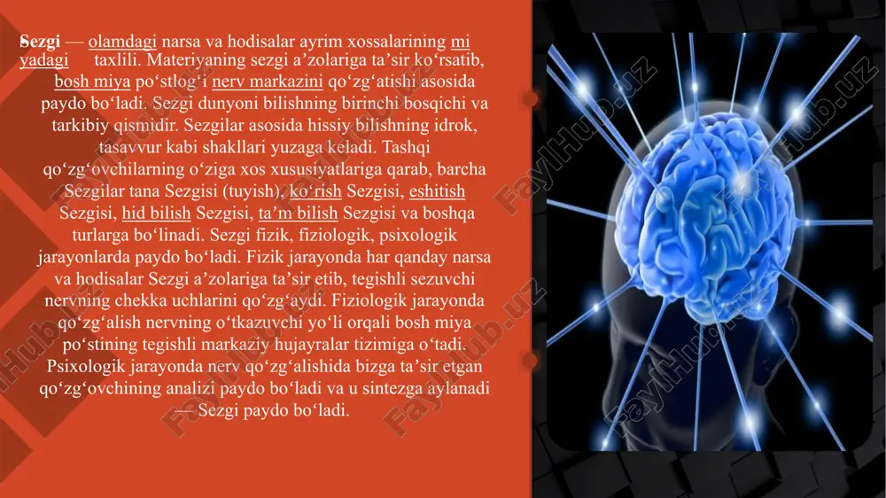 unday bevosita ta'sir kontakt deb ataladi. bu yoki sezgir bo'lgan ba'zi retseptor hujayralarini bezovta qiladiboshqa tirnash xususiyati beruvchi. bu shuni anglatadiki, "sezgi" va "tirnash xususiyati" psixologik jarayonlari bir-biri bilan chambarchas bog'liq, ikkinchisi esa tananing asab hujayralarida qo'zg'alish sodir bo'lgan fiziologik jarayondir. u afferent deb ataladigan maxsus nerv tolalari bo'ylab miyaning tegishli qismiga uzatiladi, bu erda jarayon fiziologikdan aqliyga aylanadi va shaxs biror narsa yoki hodisaning u yoki bu xususiyatini his qiladi. 8 9 sensitizatsiya va sinesteziya olimlar insonning his-tuyg'ulari o'zgaruvchan atrof-muhit sharoitlariga moslashish uchun o'z xususiyatlarini o'zgartirishga qodir ekanligini aniqladilar. shu nuqtai nazardan, men sensibilizatsiya kabi tushunchaga e'tibor qaratmoqchiman. bu boshqa stimullarning paydo bo'lishi yoki bir nechta sezgilarning o'zaro ta'siri natijasida sezuvchanlikning oshishi. shunday qilib, ko'pincha bir qo'zg'atuvchining ta'siri ostida boshqa qo'zg'atuvchiga xos bo'lgan hislar paydo bo'ladi. mutaxassislarning fikricha, bunday hodisalar sinesteziya bilan bog'liq. ushbu tushuncha yunon tilidan "bir vaqtning o'zida sezish" yoki "qo'shma tuyg'u" deb tarjima qilingan. bu ruhiy …