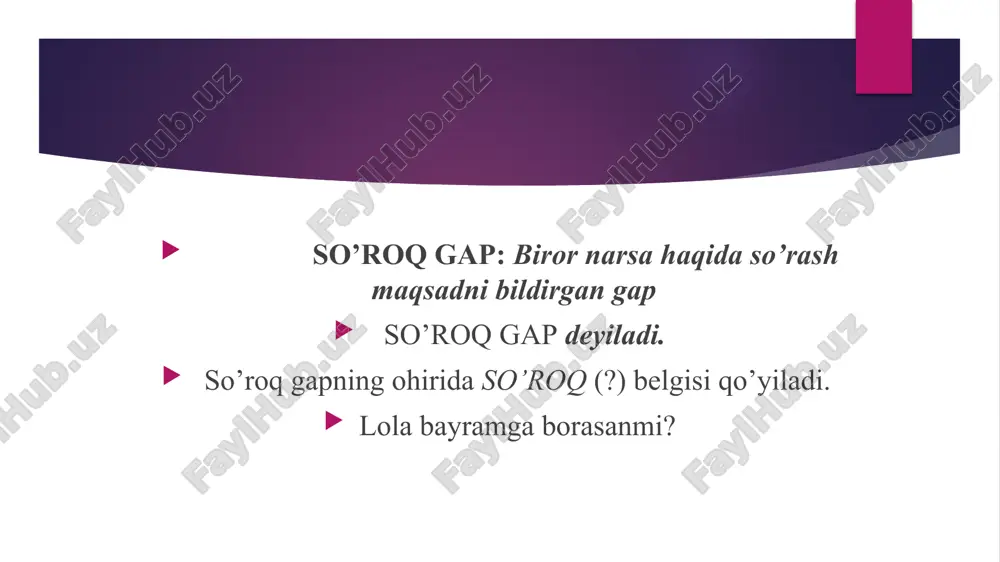 di (buyruq gap). biz ushbu axborotda so‘roq gaplar (sg) va ularning tavsiflanaishi haqidagi qarashlarni bayon etamiz. so‘roq gaplar mavzusi ostida soʻroq gap haqida fikr yuritilar ekan, dastavval soʻroq gapning xususiyatlari ya’ni, so‘roq bilan birga hayrat, taajjub, turli hayajon va tuyg‘ular, buyruq , shubha, gumon, taxmin, darak kabi ma’nolarni ham ifodalashi izohlanib, soʻngra xulosa beriladi. manbalarda so‘ro gaplarning mazmuni quyidagicha sharhlangan topishmoqni javobini toping muammoli vaziyat test sinovi uchta echki,to’rta qo’y, qani,erkin sanab ko’r . nechta quloq, nechta shox bor ekan-a,aytib boq. 1.vatan bu muqaddas dargoh 2.sen vataningni sevasanmi 3.yashasin o’zbekistonim so’roq gapni toping . sen maktabga bordingmi bu qanday gap? a)darak gap b)so’roq gap d)undov gap image1.jpeg image2.jpeg image3.png /docprops/thumbnail.jpeg