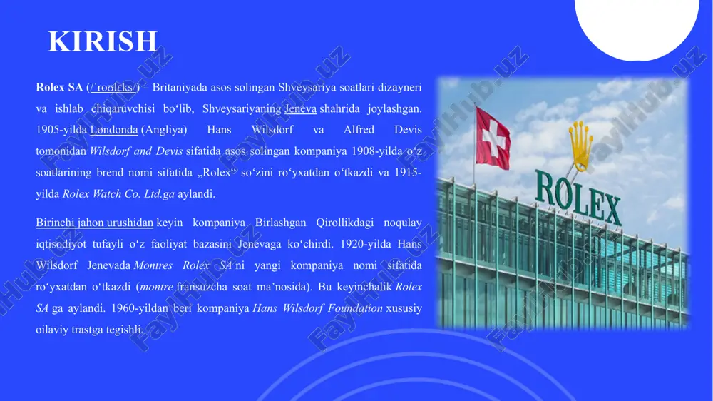 kompaniyasining motivatsiyasini bir nechta asosiy omillar bilan izohlash mumkin: aniqlik va mukammallikka intilish: rolex boshidanoq soatlarning aniqligi va mukammalligiga katta ahamiyat bergan. bu kompaniyaning asoschisi hans wilsdorfning asosiy maqsadi bo'lgan. rolex doimo eng yuqori standartlarga javob beradigan soatlar yaratishga intiladi va bu ularning motivatsiyasining muhim qismidir. innovatsiya va texnologik yetakchilik: rolex soatsozlik sohasida innovatsiyalarni joriy etish va texnologik yetakchi bo'lishga intiladi. yangi materiallar, mexanizmlar va dizaynlarni ishlab chiqish kompaniya uchun doimiy motivatsiya manbai hisoblanadi. mustahkamlik va uzoq umr: rolex soatlari mustahkamligi va uzoq umr ko'rishi bilan mashhur. kompaniya soatlarning avloddan avlodga o'tib, meros bo'lib qolishiga intiladi. bu ham ularning motivatsiyasining muhim jihati. prestij va eksklyuzivlik: rolex soatlari prestij va eksklyuzivlik ramzi hisoblanadi. kompaniya o'z brendining qiymatini saqlab qolish va uni yanada oshirishga intiladi. bu ham ularni motivatsiya qiladigan omillardan biri. mijozlar ehtiyojlarini qondirish: rolex mijozlar ehtiyojlarini tushunish va ularga eng yuqori darajadagi mahsulot va xizmatlarni taklif qilishga intiladi. mijozlarning qoniqishi …